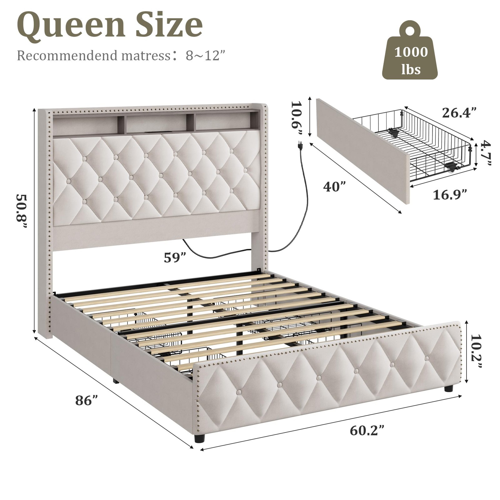 Queen King Size Bed Frame with 4 Storage Drawers Bed Frame with Upholstered LED