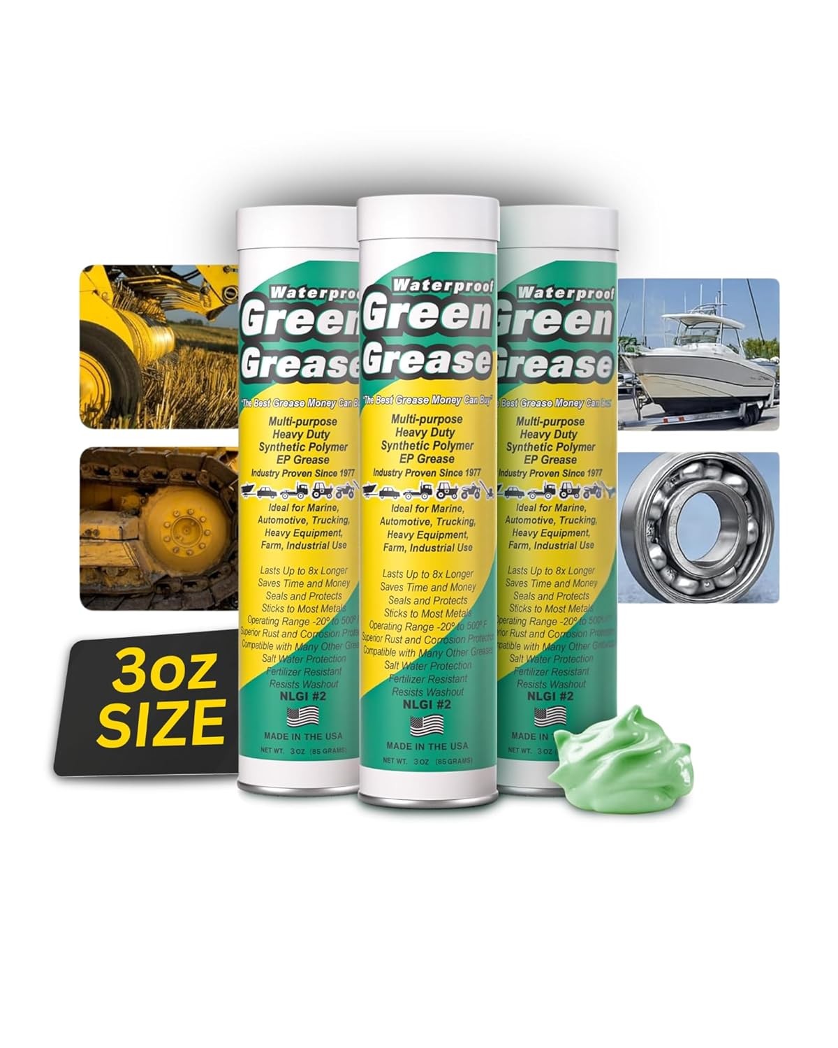 Lithium NLGI 2 Green Grease Tube 3oz - Heavy Duty Grease for Grease Gun (3 Pack)