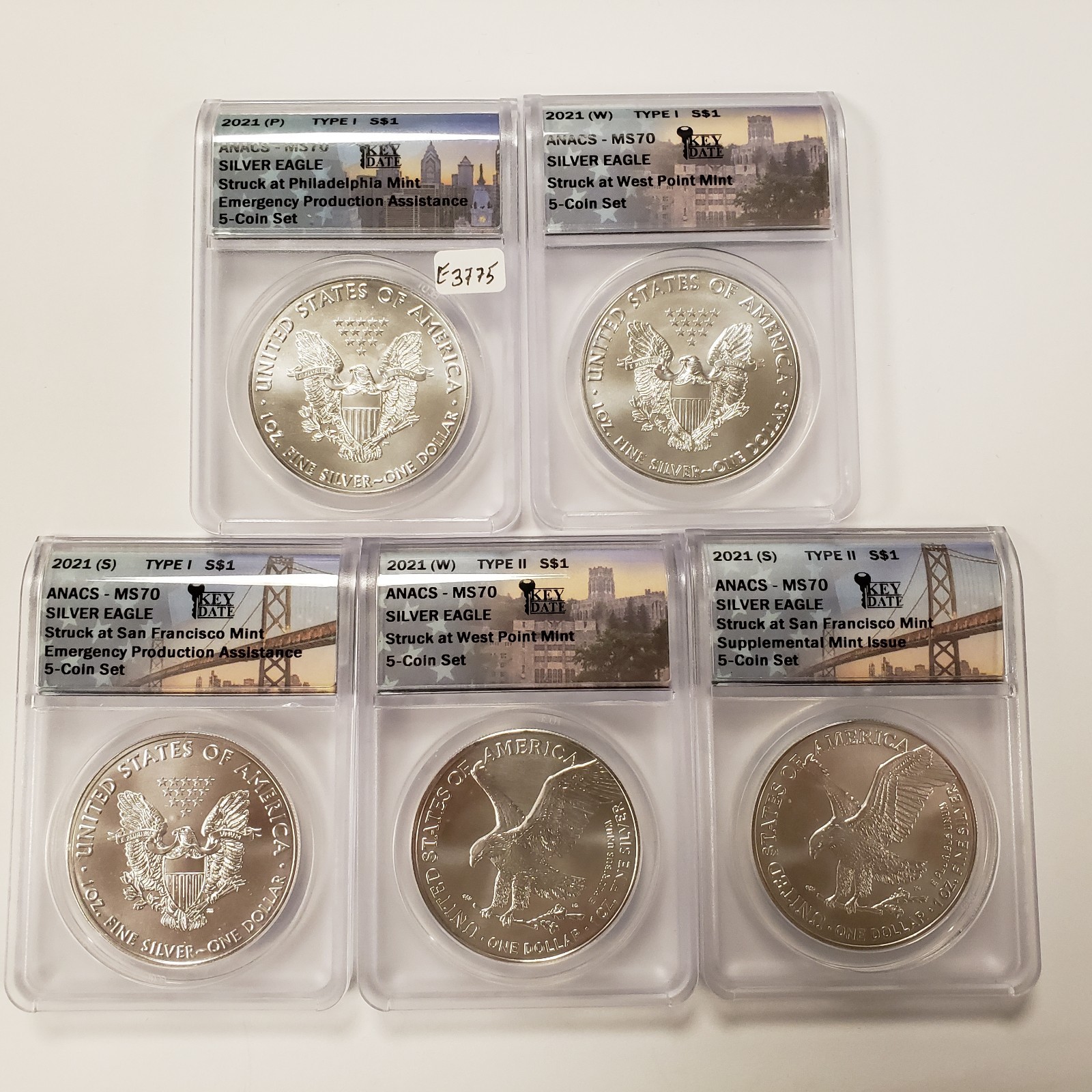 2021 Silver American Eagle Emergency Supplemental Set of 5 - ANACS MS 70 - E3775