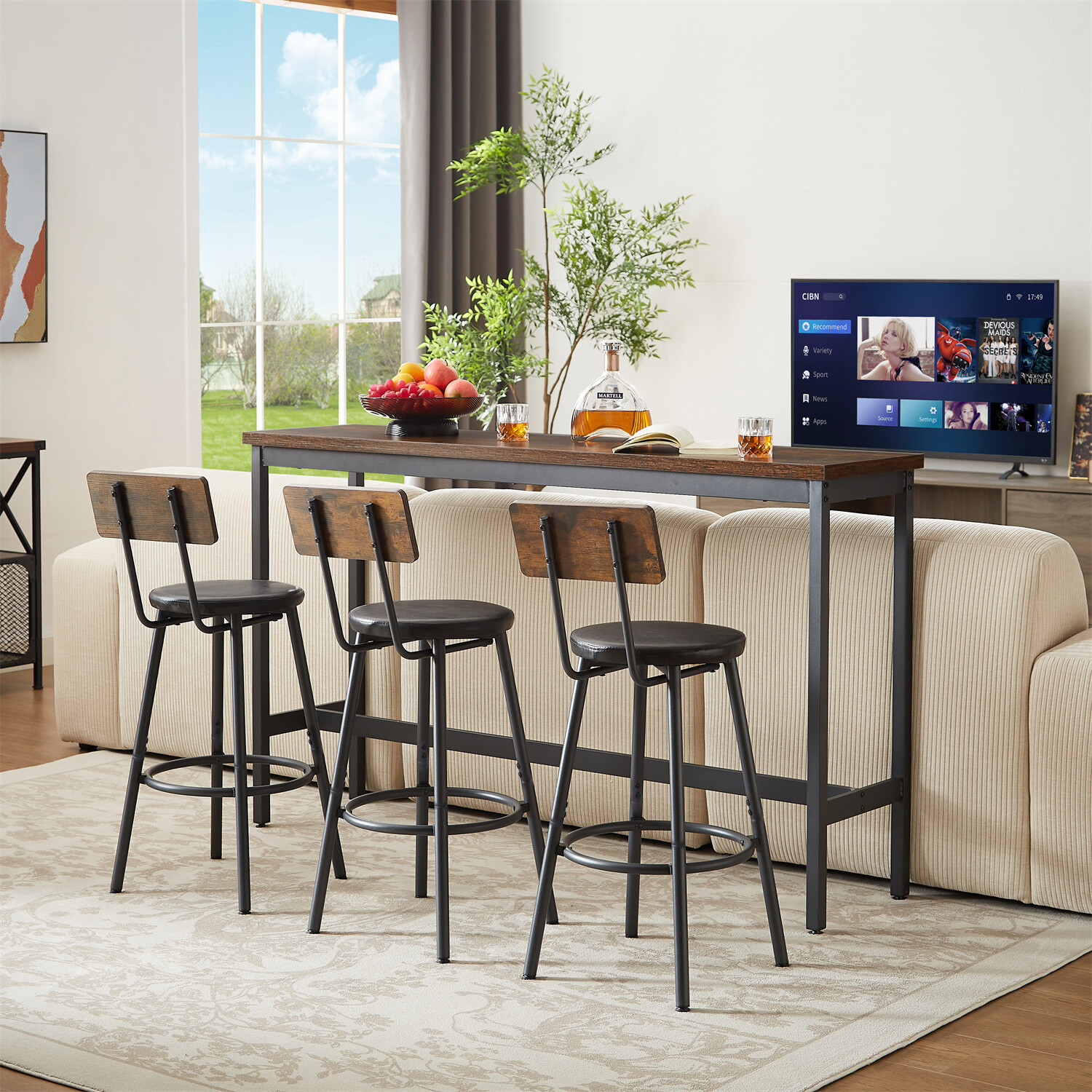 4 Piece Bar Table Set Counter Height Kitchen Pub Table w/ 3 Bar Stools Brown US