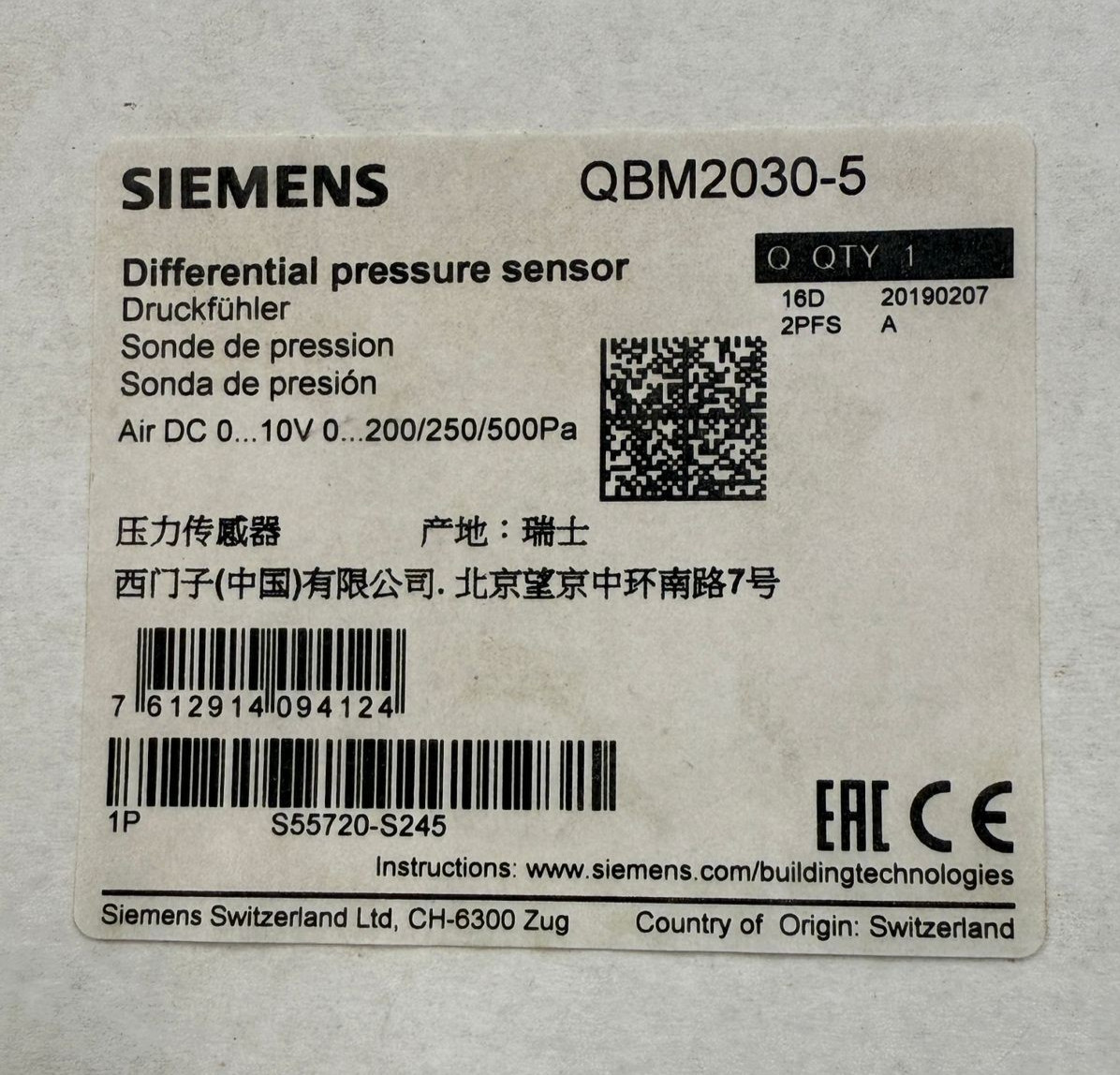Siemens QBM2030-5 temperature sensor