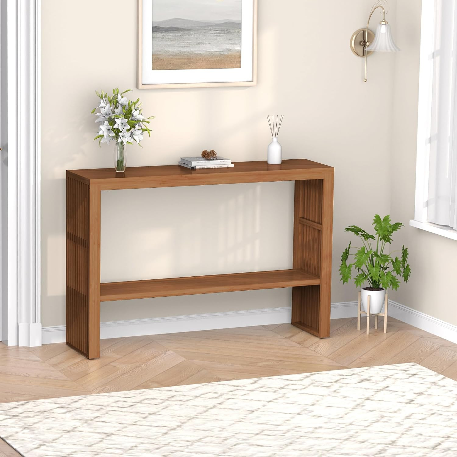 47-Inch Bamboo Console Table with Adjustable 2-Tier Shelf, Walnut | 100% Natural