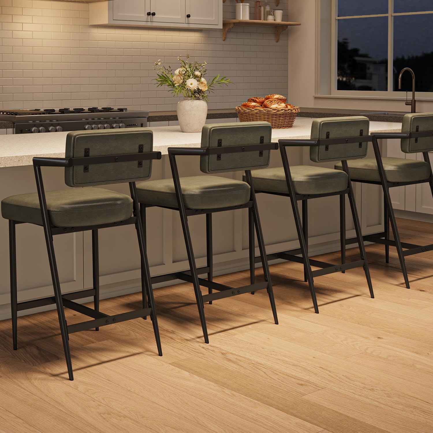 GarveeHome Set of 4 Rustic Green Bar Stools with Arms