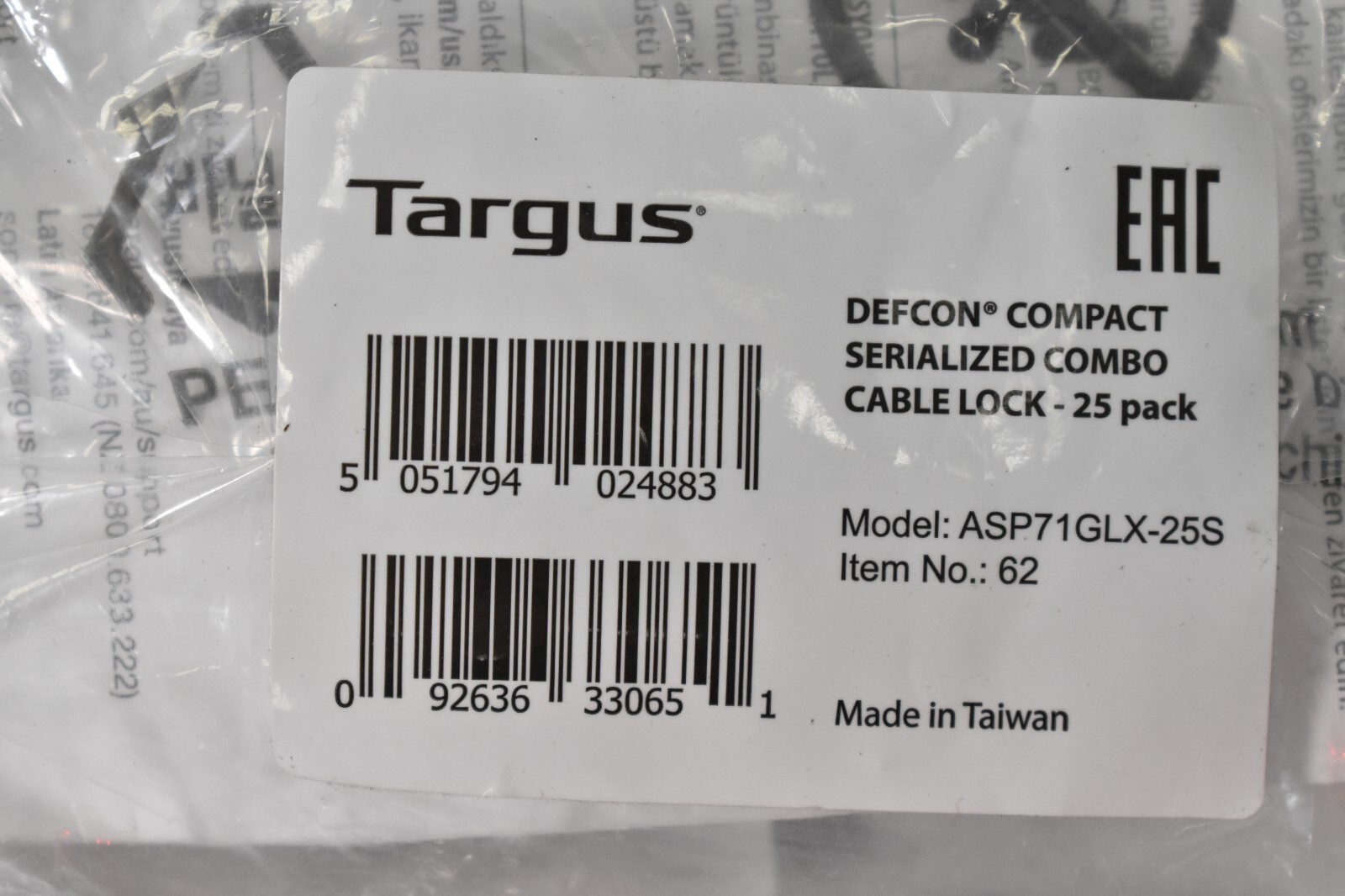 Targus Defcon Compact Serialized Combo Cable Lock Security Set ASP71GLX