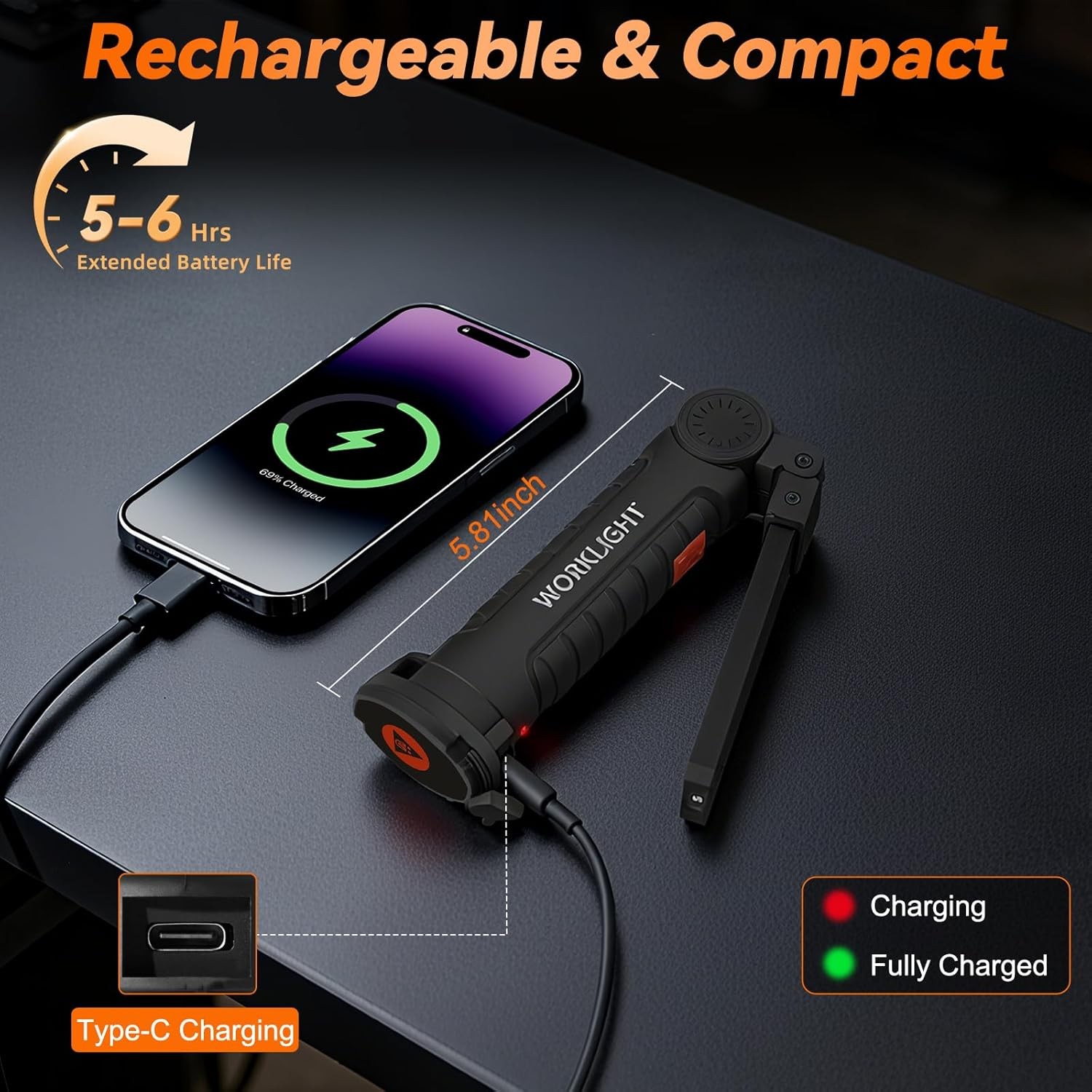 6xWork Light Rechargeable Garage Workshop LED Light Magnetic Mechanic Flashlight