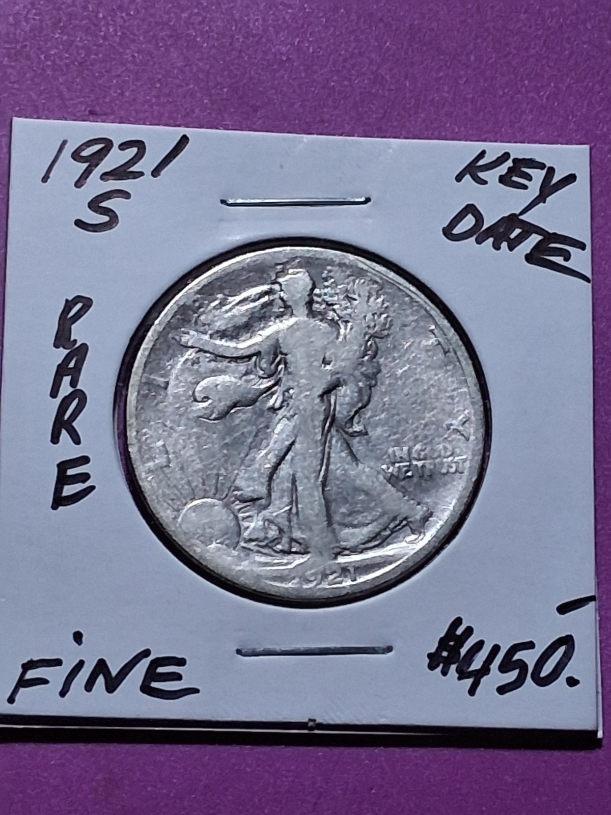 1921-S WALKING LIBERTY HALF DOLLAR. KEY DATE. FINE CONDITION. COLLECTORS CHOICE.