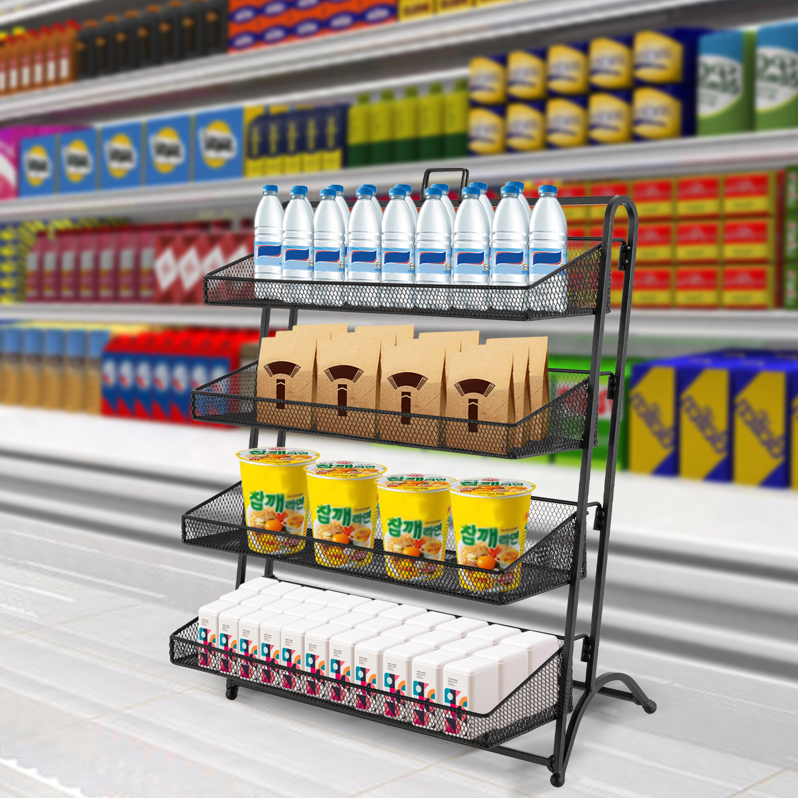 4 Tiers Display Rack Stand Iron Retail Snacks Food Candy Shelf Organizer Black