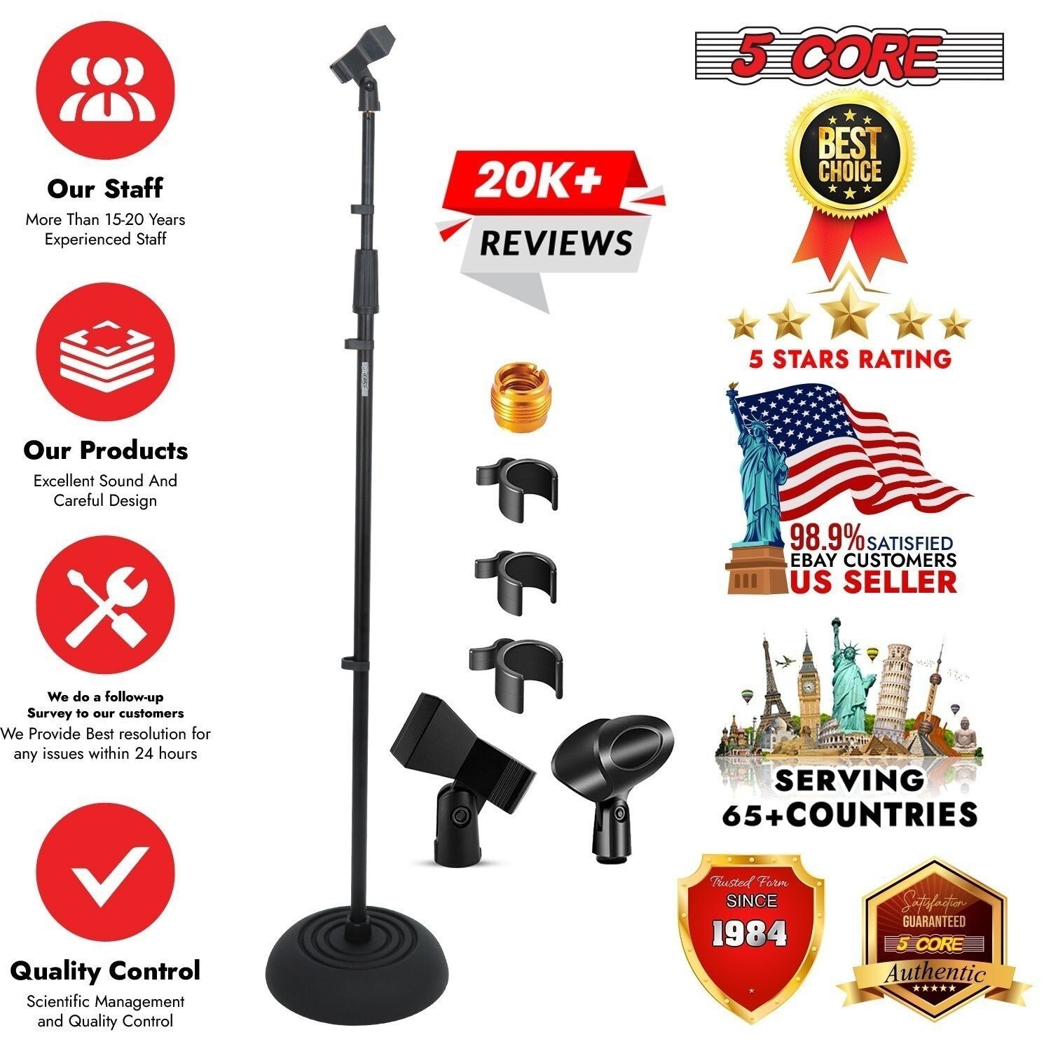 5Core Mic Stand Floor Adjustable Round Base Universal Metal Microphone Stands 2x