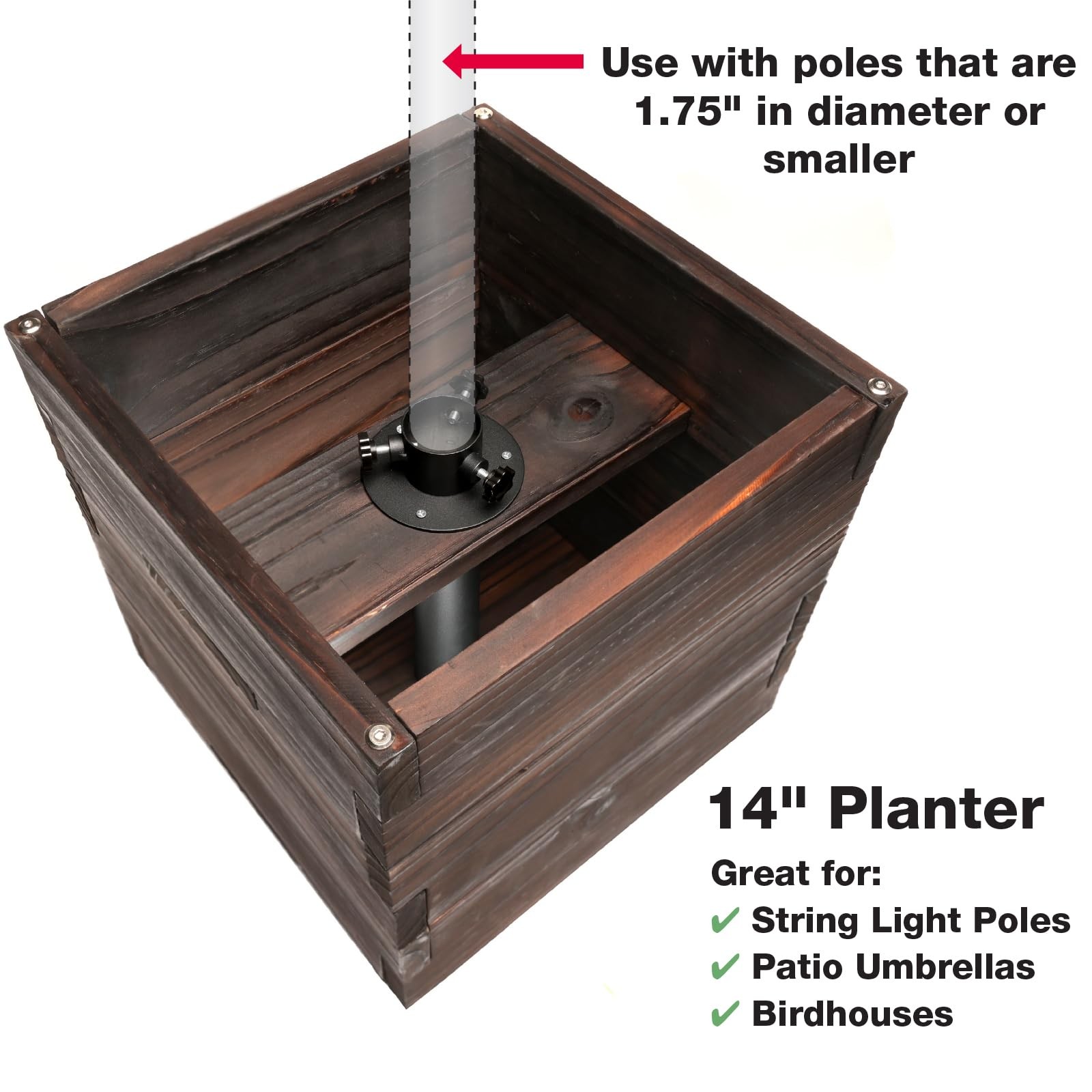Large Decorative Wooden Planter w/ Universal Pole Support for String Light Po...