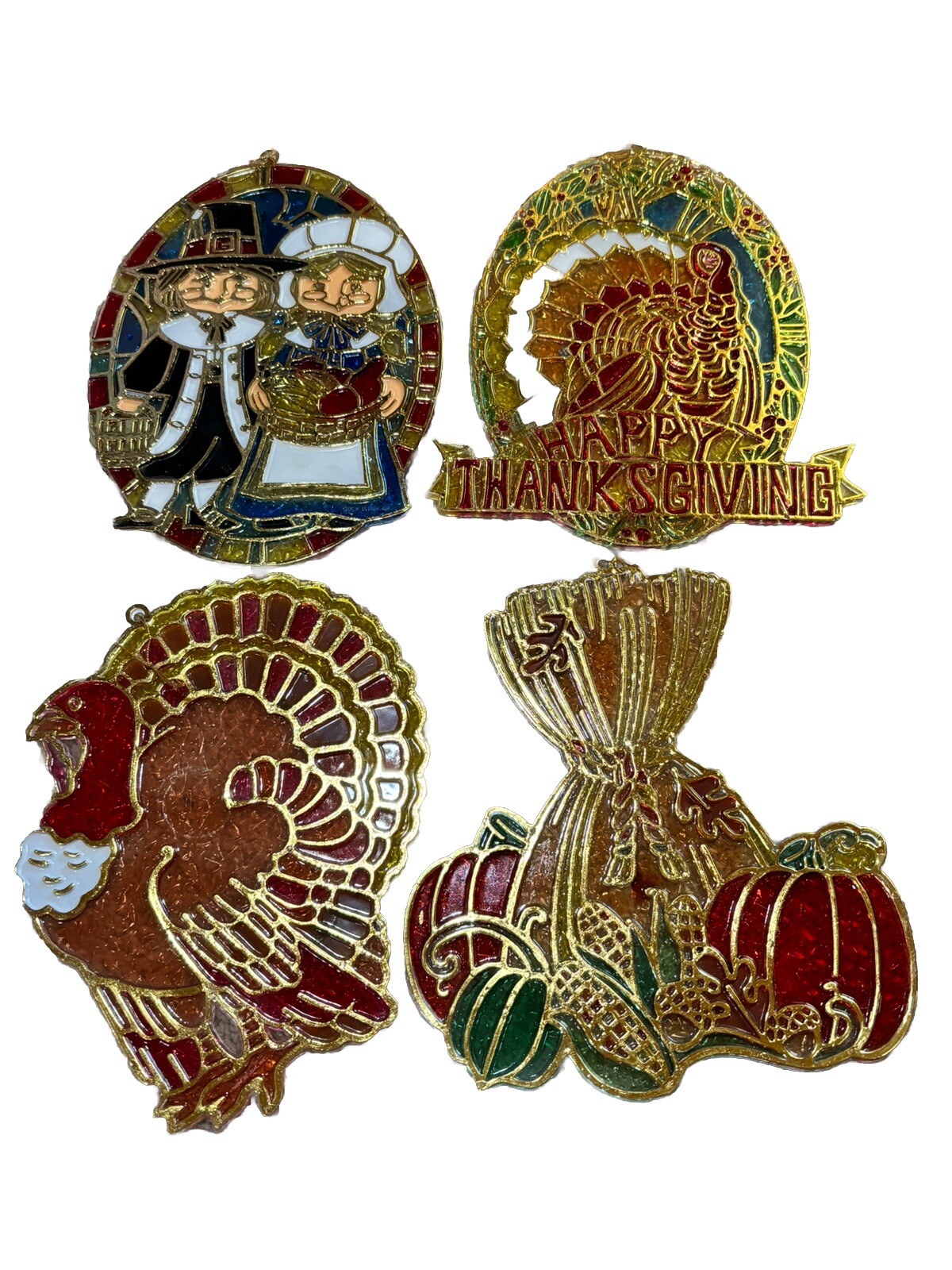Vintage Thanksgiving Fall Window Sun Catchers Set Of 4 Plastic Decor Pumpkins