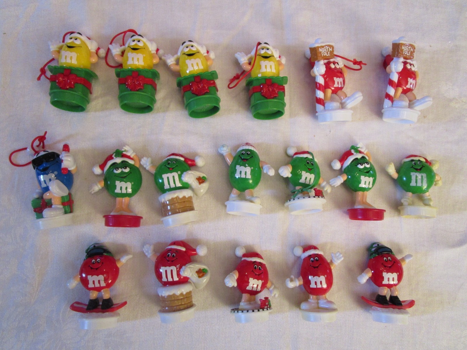 18 M & M Christmas Ornaments Figures Toys 3" Plastic 1989 - 1999 Mars Inc.