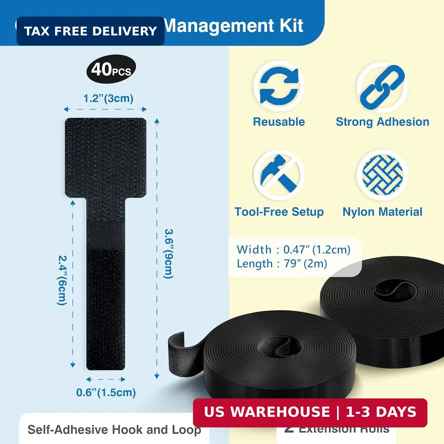 Cable Management Kit - 40 Self-Adhesive Hook & Loop Cable Ties with 2 Extension