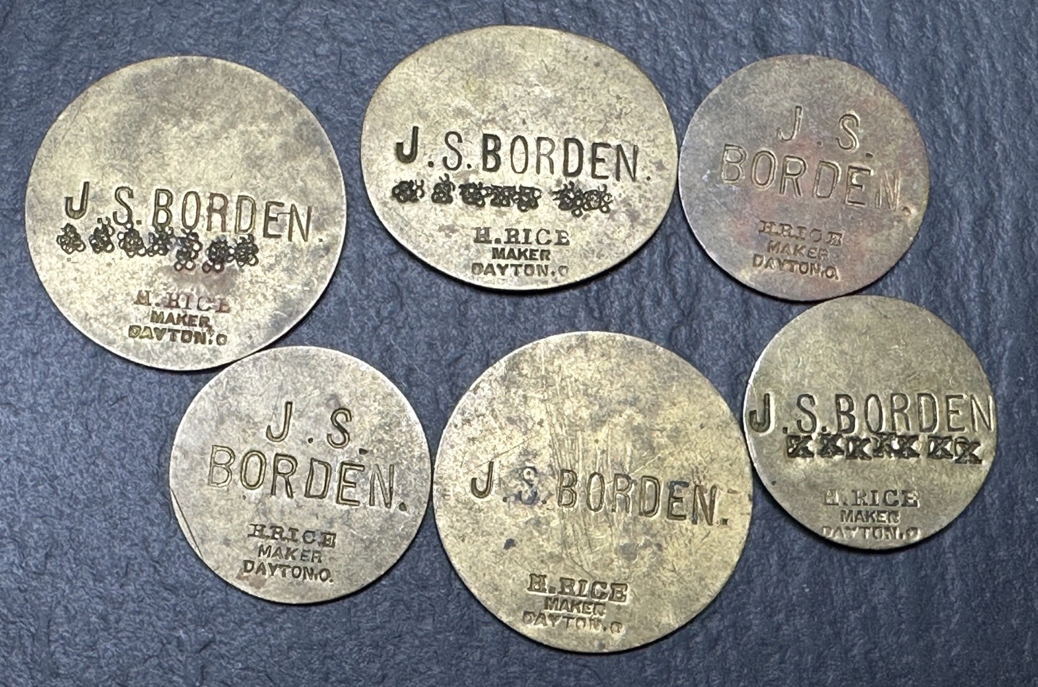 6 TOMS BROOK VA EARLY BRASS TRADE TOKENS J S BORDEN, VARYING DENOMONATIONS M650