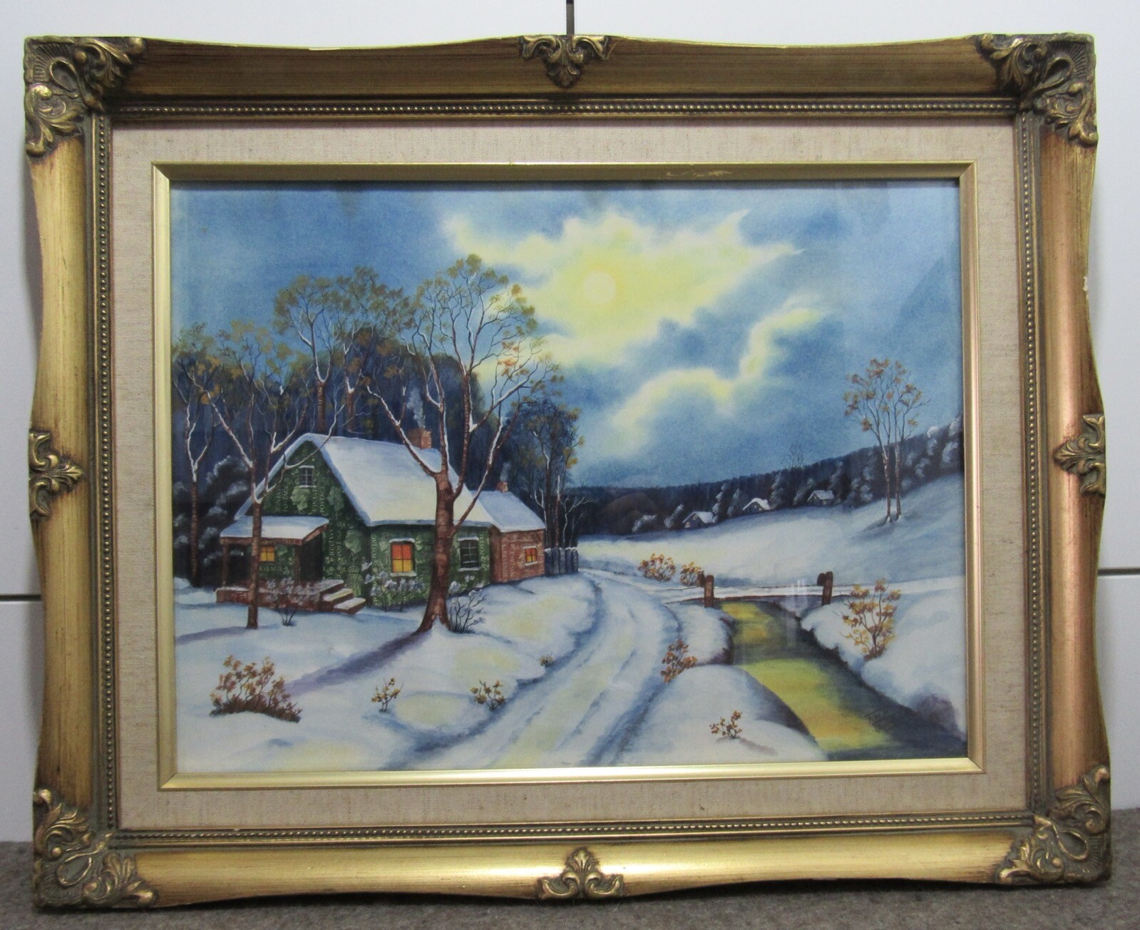 Framed postage stamp folk art landscape scene FMM Quebec 16x20"