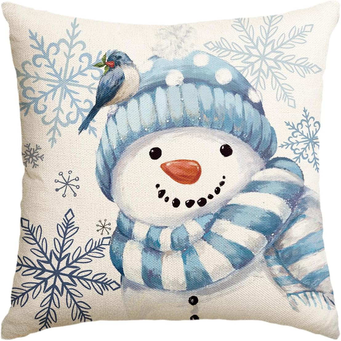 Winter Snowman Snowflake Bird Throw Pillow Cover, 18 X 18 Inch Blue Seasonal Chr