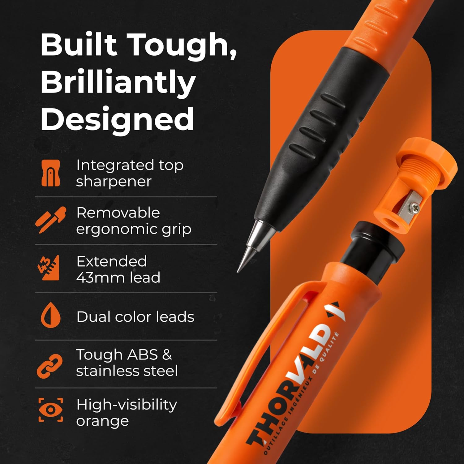 THORVALD 2 Carpenter Pencils Set for Construction - Incl. 38 Leads + Sharpener +
