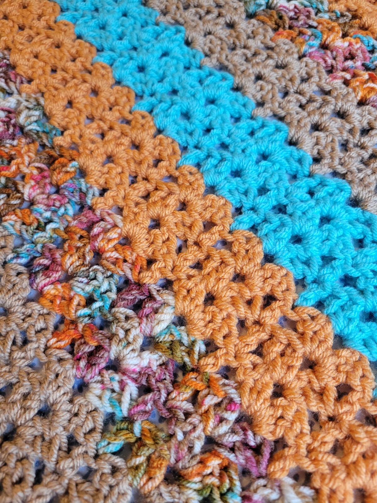 Hand Knit Wrap Shawl, 17"x48", Tan, Turquoise, Orange, Table Runner, Brand New