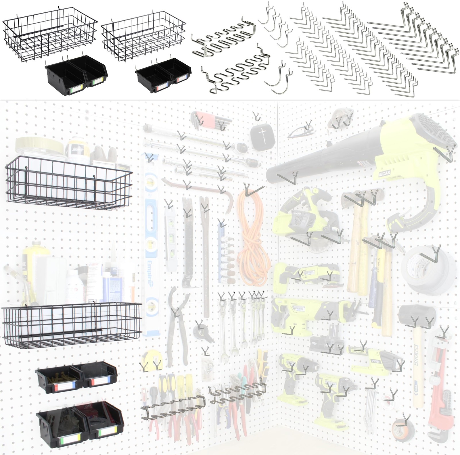 Peg Board Hooks for Hanging Tools with Bins and Baskets – Tool Organizatio