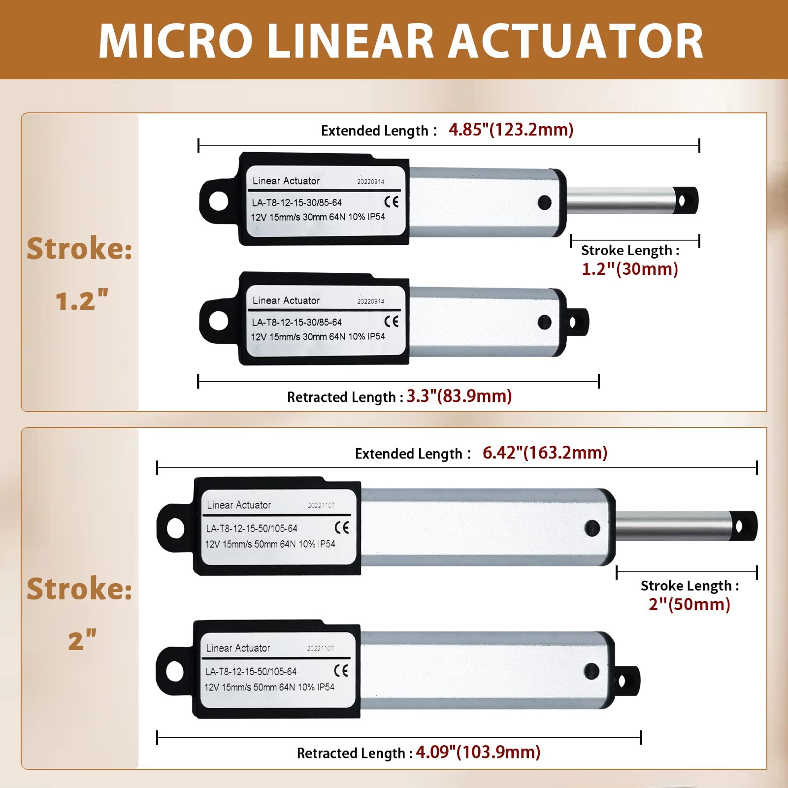 Micro Linear-Actuator with Remote Control - 2 12V DC 64N/14.4lb Speed 0.6/sec