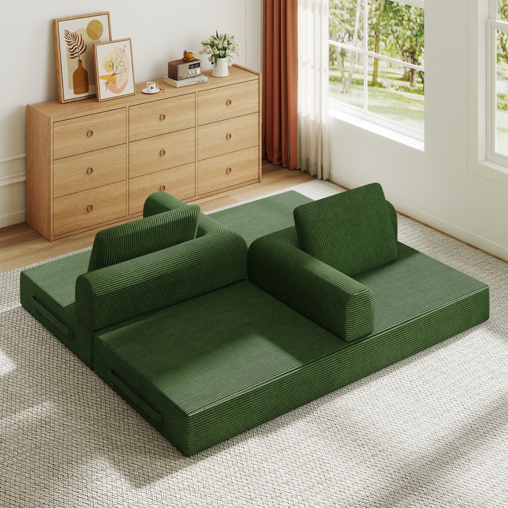 Convertible Sleeper Sofa Bed w Cylindrical Pillow Corduroy Mattress Couch Jade