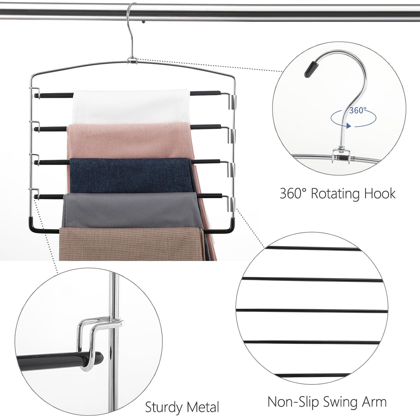 Pants Hangers Non Slip 6 Pack Space Saving Hangers Multi-Layer Swing Arm Pant...