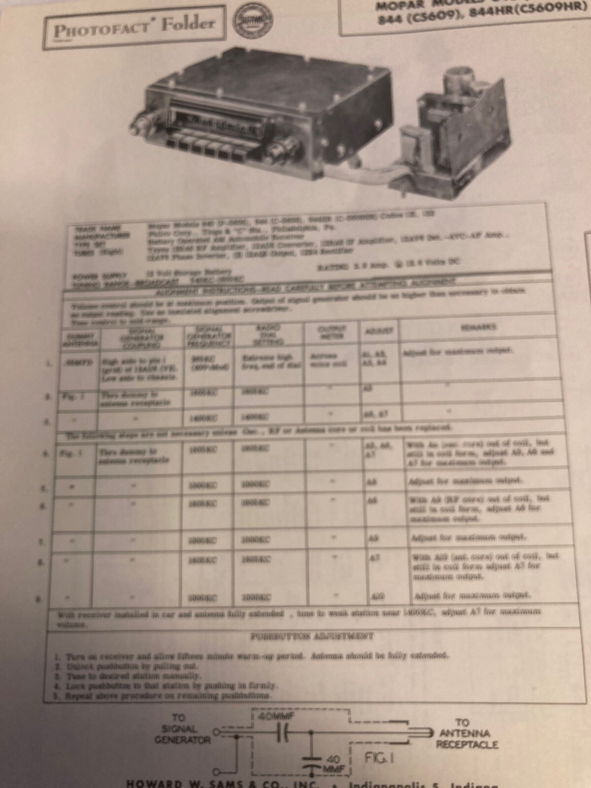 1956 MOPAR RADIO, MODEL 840 (P5606) 844 (C5609) 12 VOLT  PHOTOFACT FOLDER AUTO