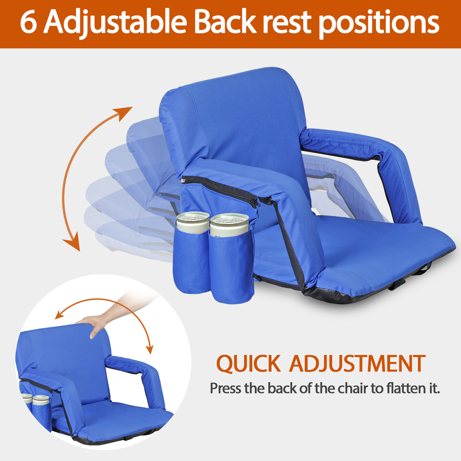 Portable Reclining Stadium Seats Adjustable Armrests and Padded Backrest, Blue