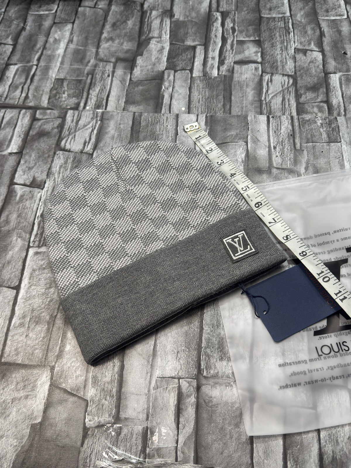 Gray Monogram Knit Beanie LV Patch Logo - One Size - L284