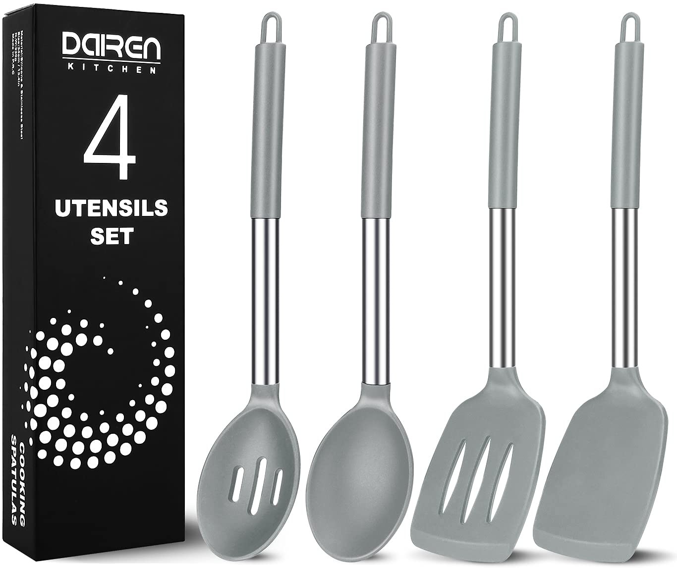 Pack of 4 Large Silicone Cooking Spatulas and Spoons, Slotted and Solid Stain...