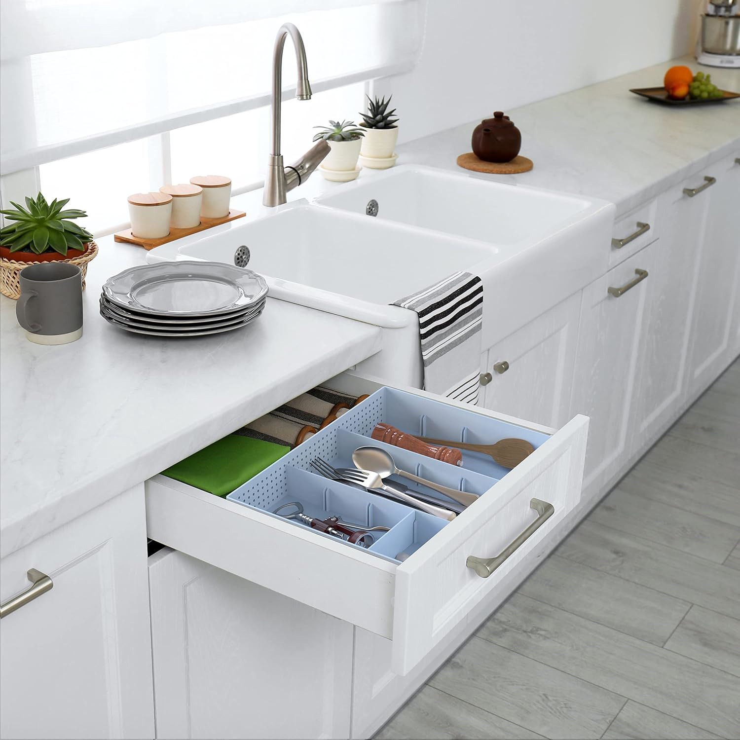 Blue Drawer Organizer Tray - 9 Adjustable Compartments for Home Storage