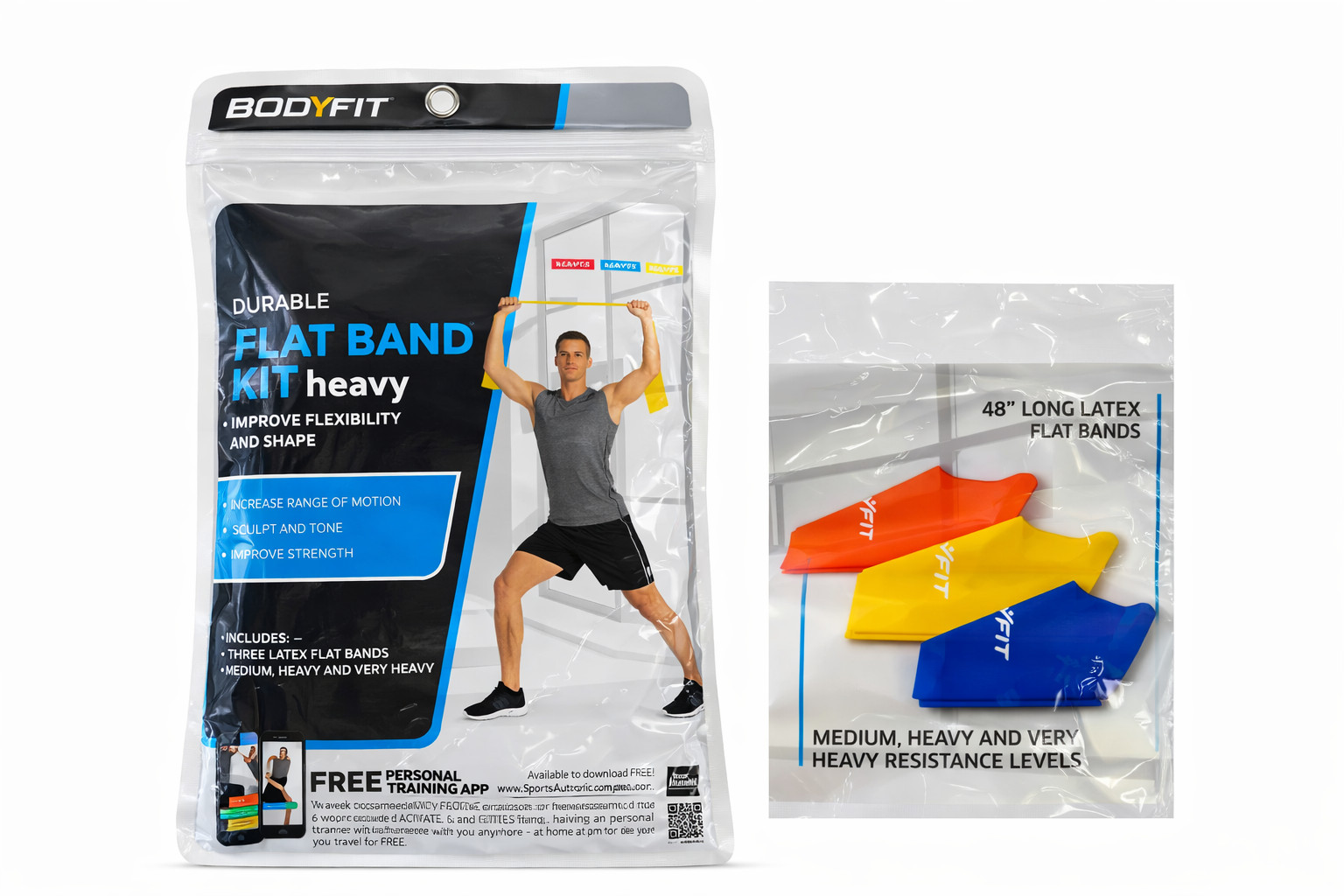 Bodyfit Heavy Resistance Bands Set 48” Latex Flat Bands Rehab Training