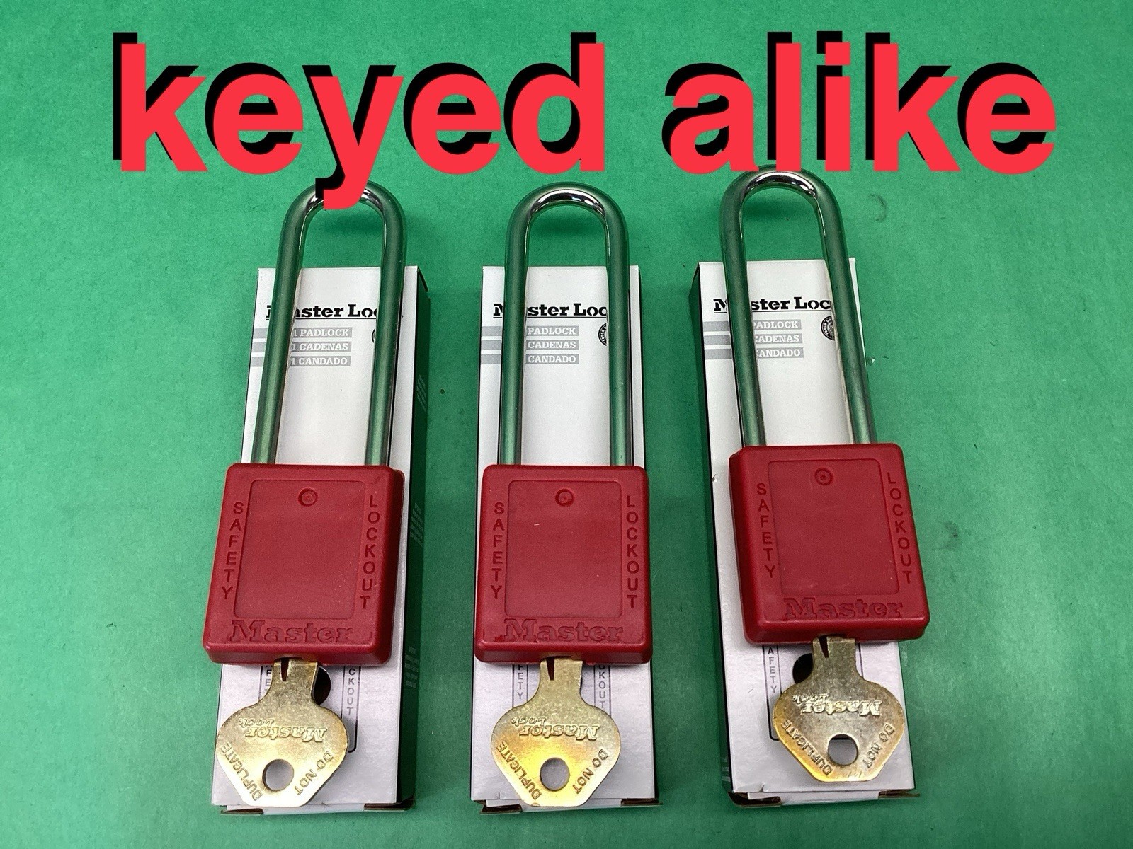 3 PACK Master Lock 410 Red KEYED ALIKE Lockout LOTO Safety Padlock LONG SHACKLE
