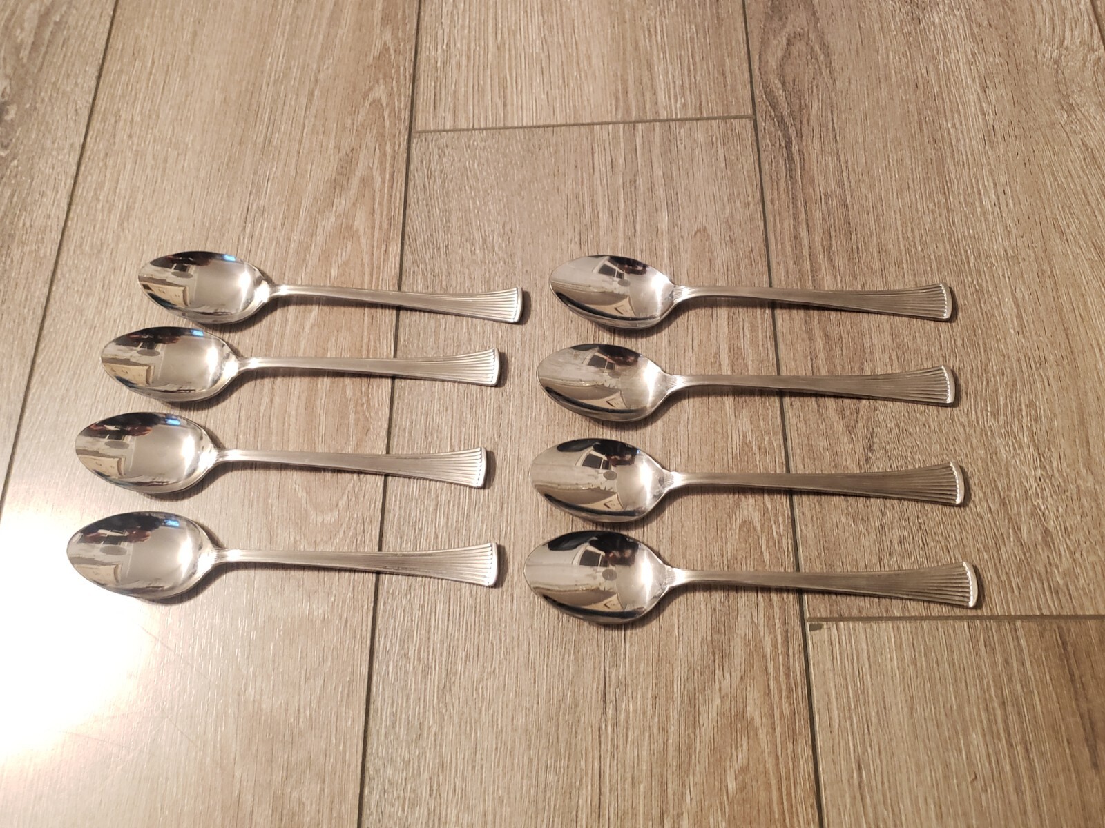 Vintage Lot Of 8 Everbrite Stainless Japan Ridged Handle Flatware Teaspoons MCM