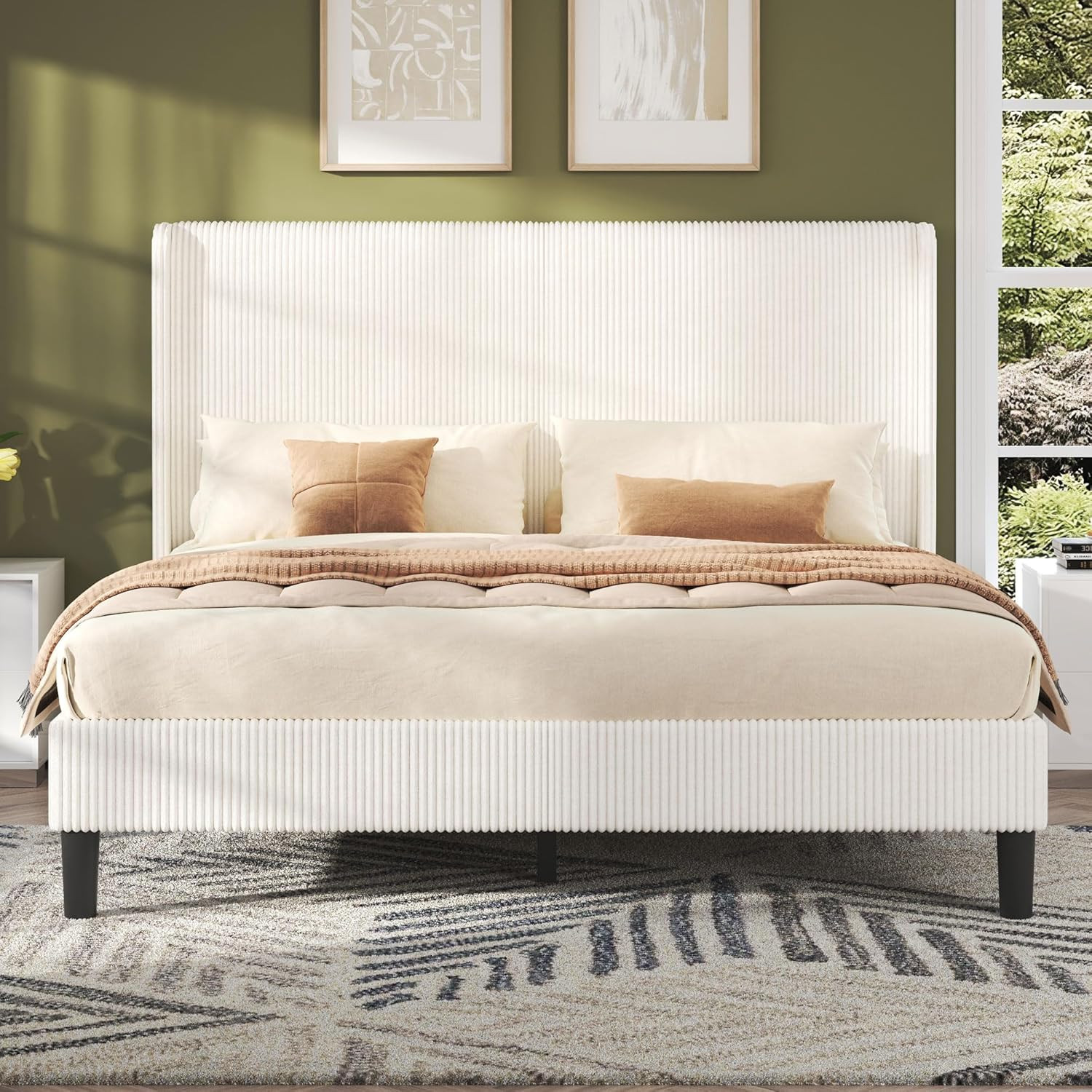 AMERLIFE Full Bed Frame, Upholstered Platform Bed with Corduroy Headboard, Easy