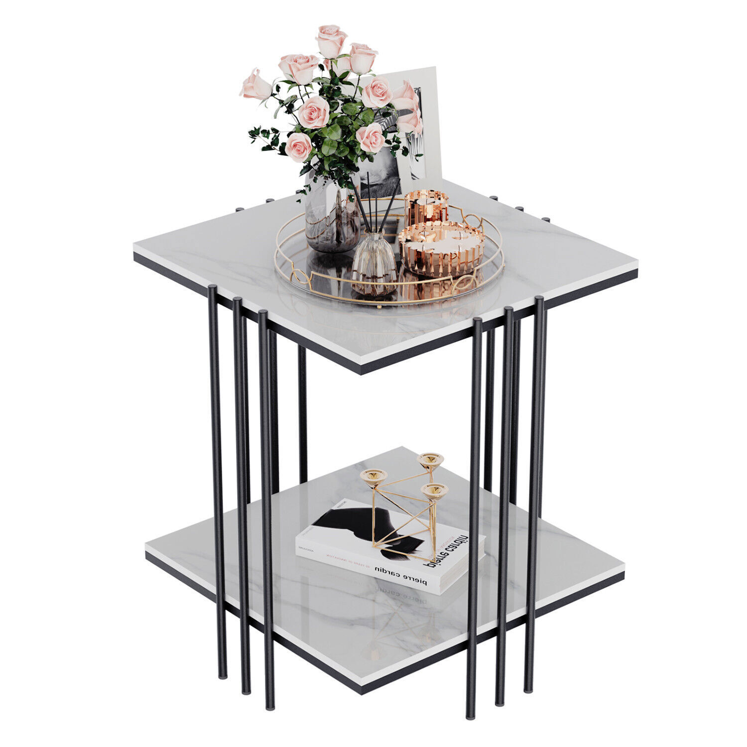 Solid Heavy Square Side End Tables Real Marble Top & Bottom Shelves Glod/ Black