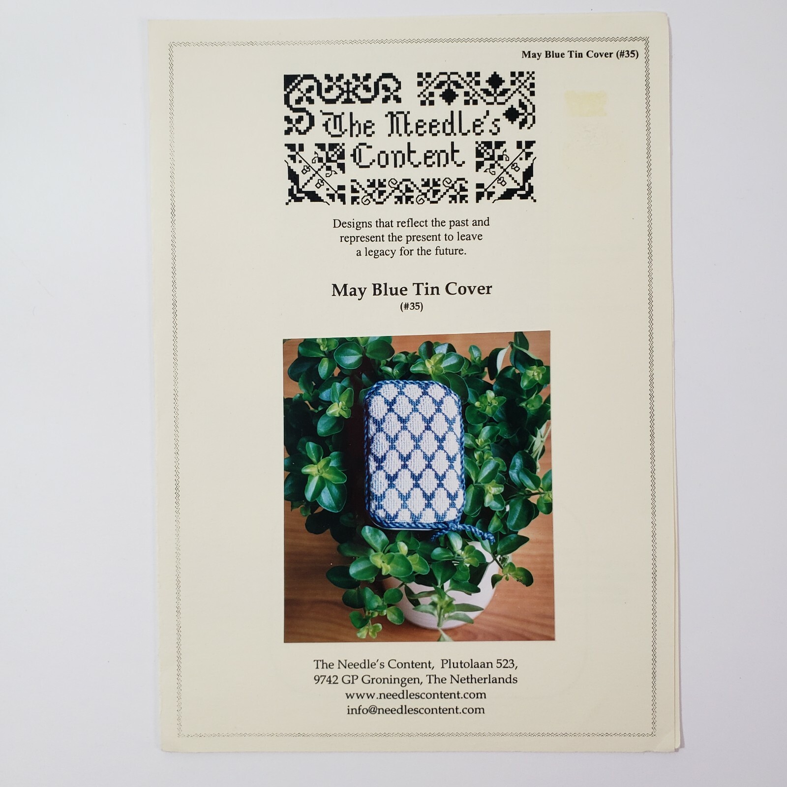 The Needles Content May Blue Tin Cover #35 Counted Cross Stitch Pattern Chart