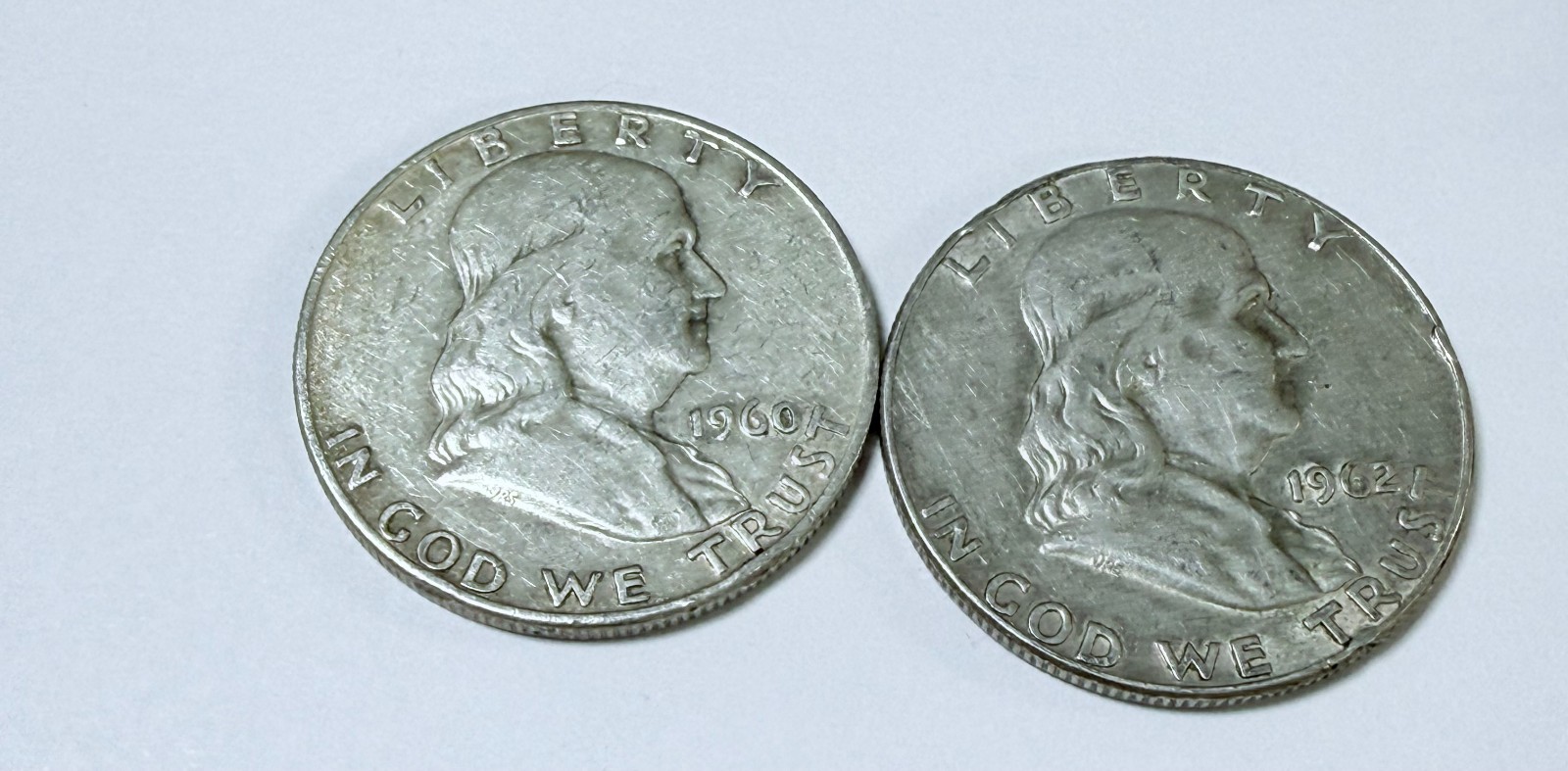 FRANKLIN SILVER HALF DOLLARS LOT OF 2, 90% SILVER CIRCULATED COINS  #10926