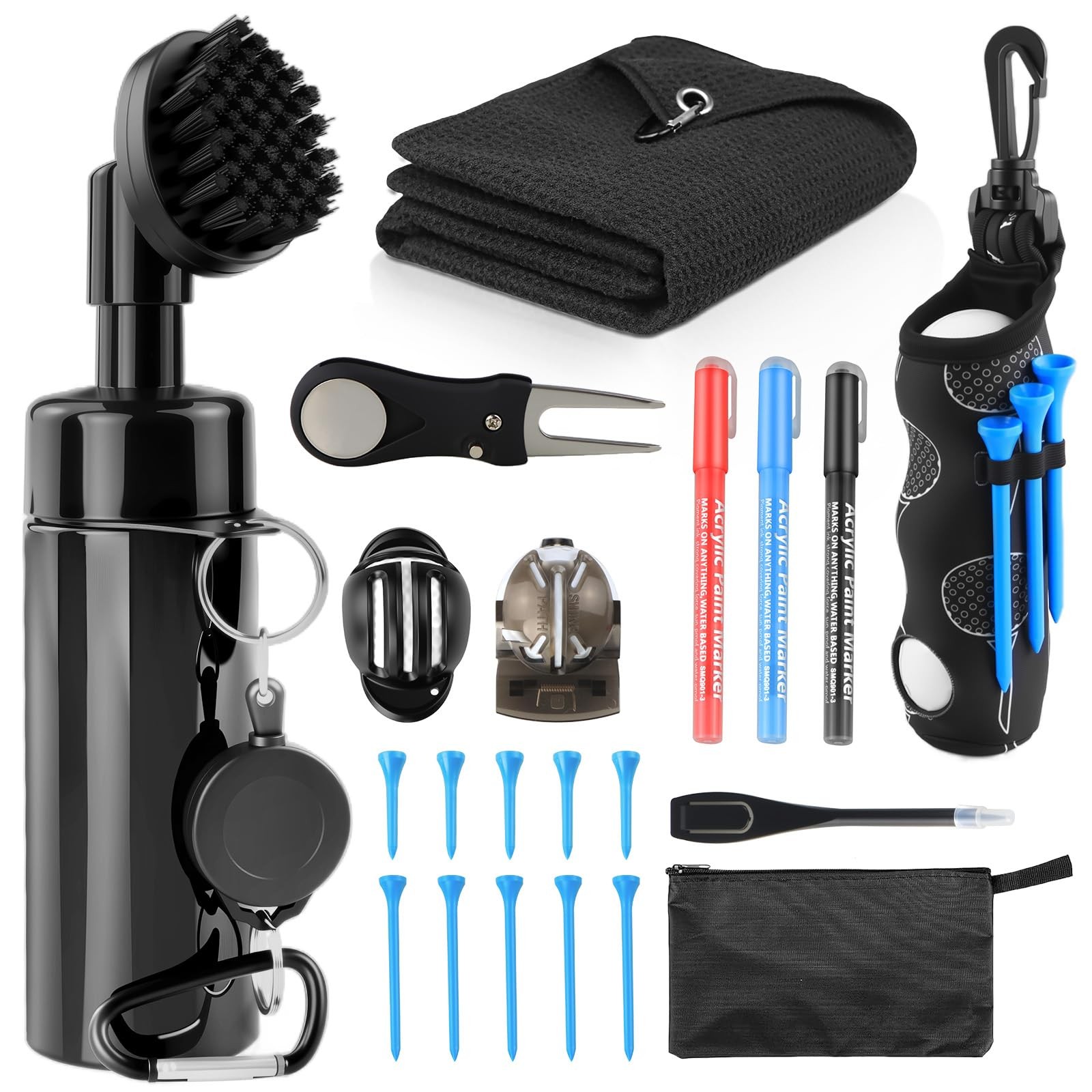 21 Pcs Golf Essentials Kit, Club Cleaning Kit - Brush & Black