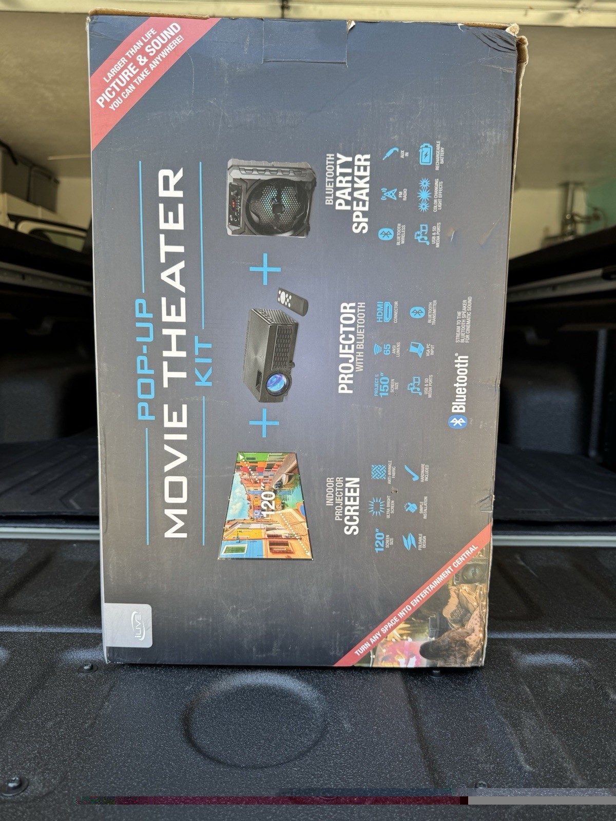 iLive Pop-Up Movie Theater Kit w/ 120" Screen, Projector & Bluetooth Speaker NEW