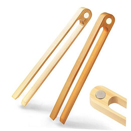 Magnetic Bamboo Toaster Tongs: 100% Natural 8.7” Wood Kitchen Toast Tongs| Eco
