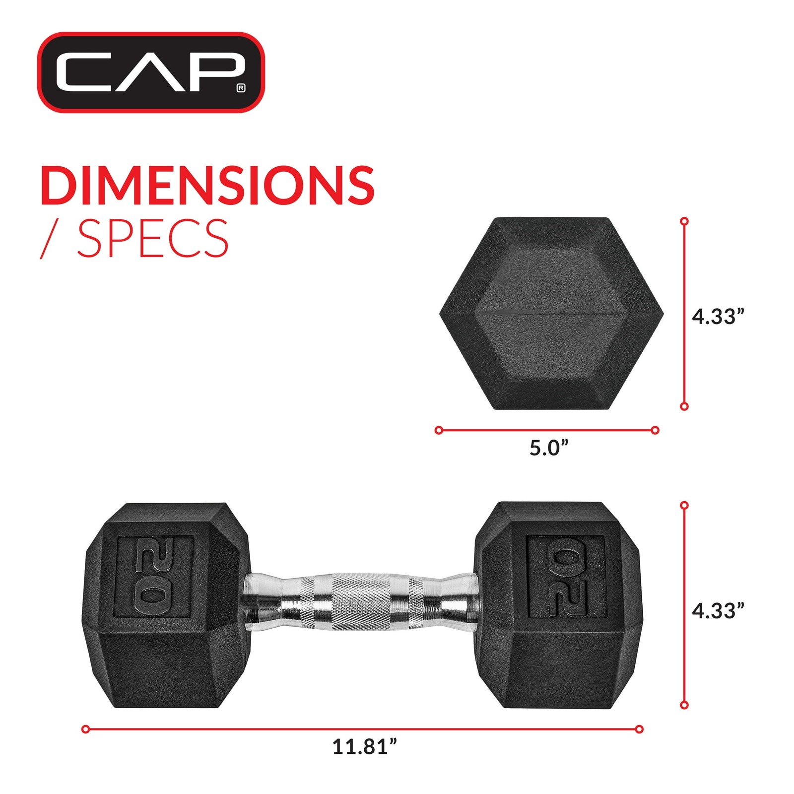 Barbell, 20lb Rubber Hex Dumbbell, Single
