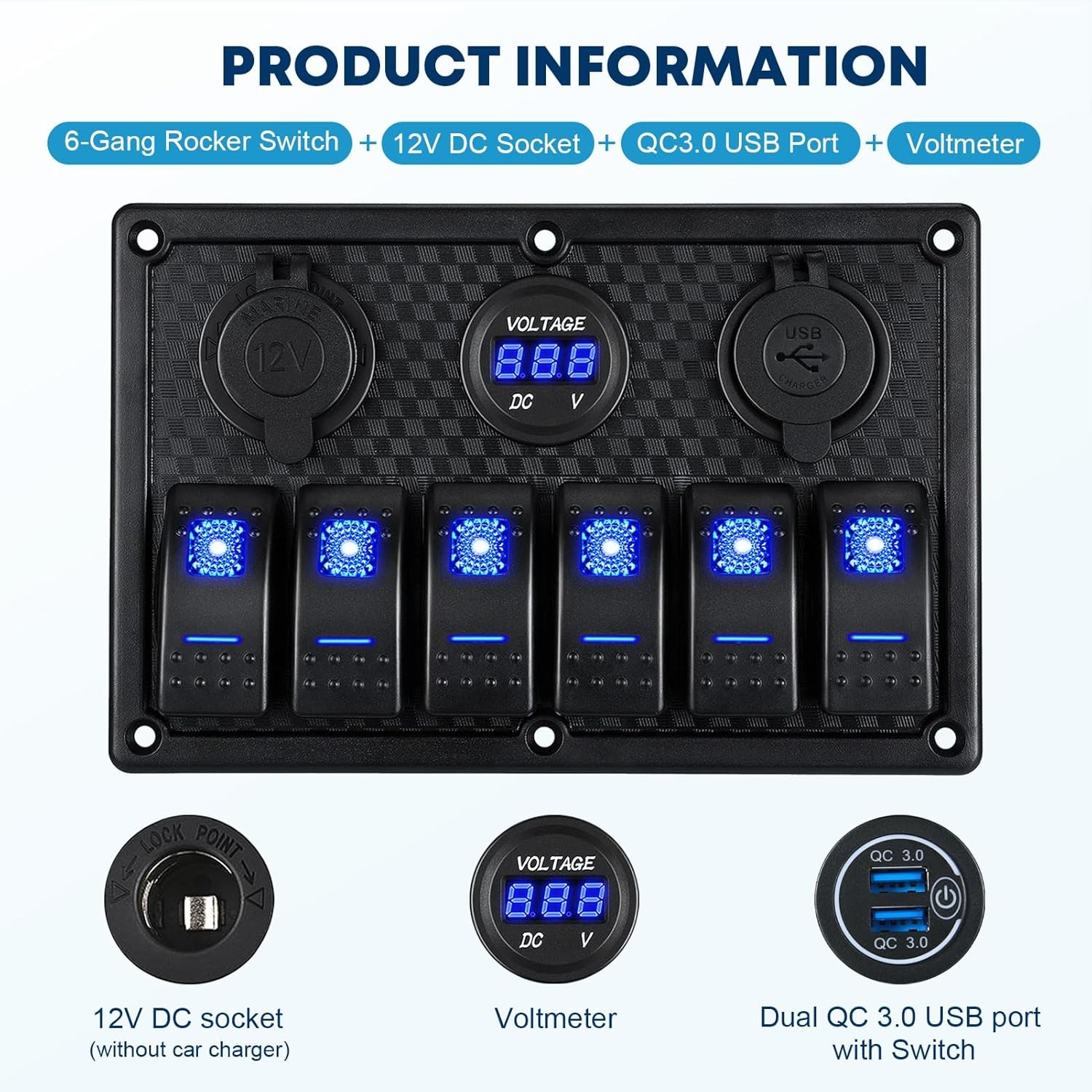 Panel de interruptores 6 vías 12V impermeable con USB y voltímetro