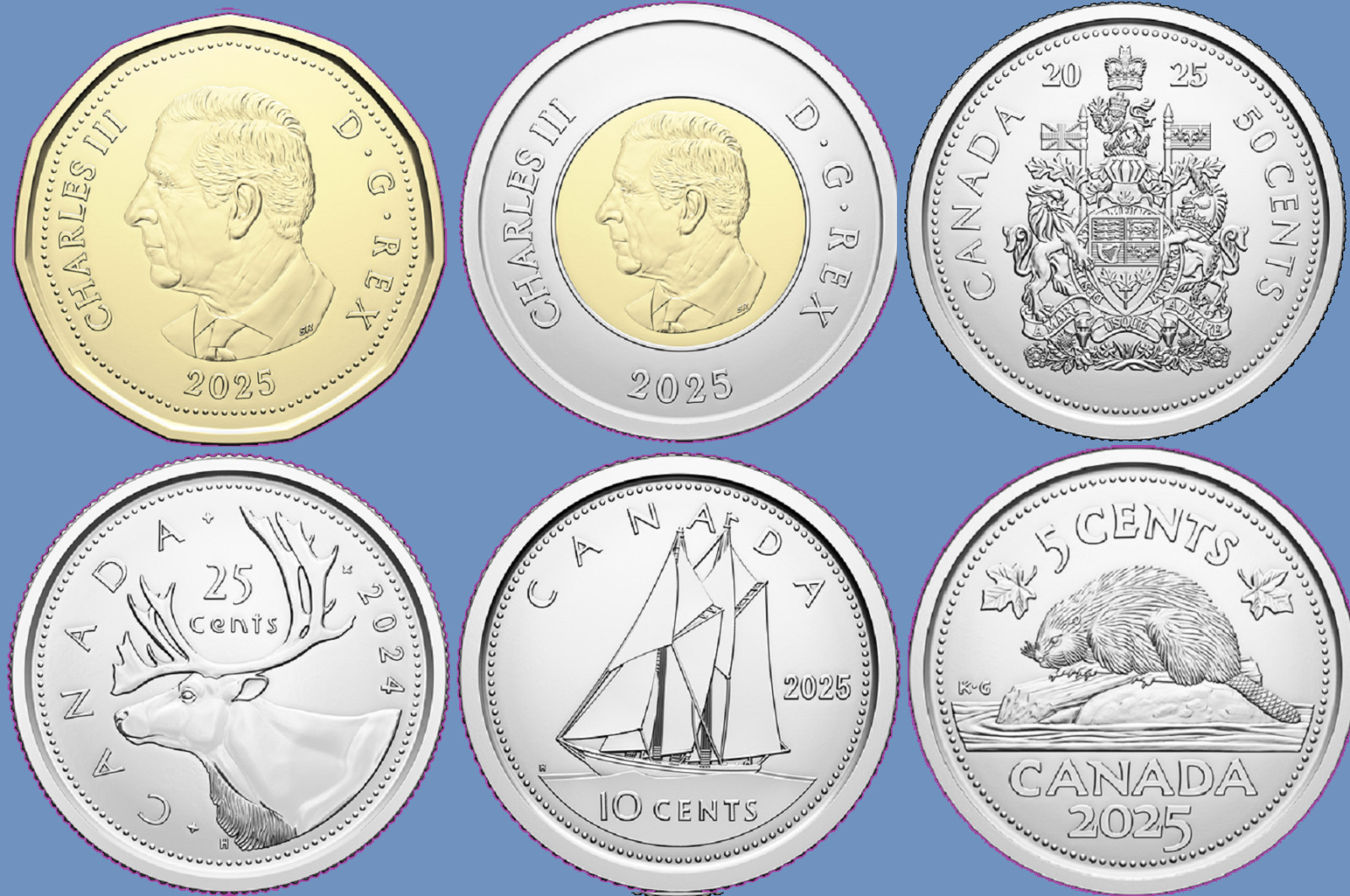 Set of 6 2025 Canada Coins King Charles III Mint UNC. Loonie Toonie, 50 cent