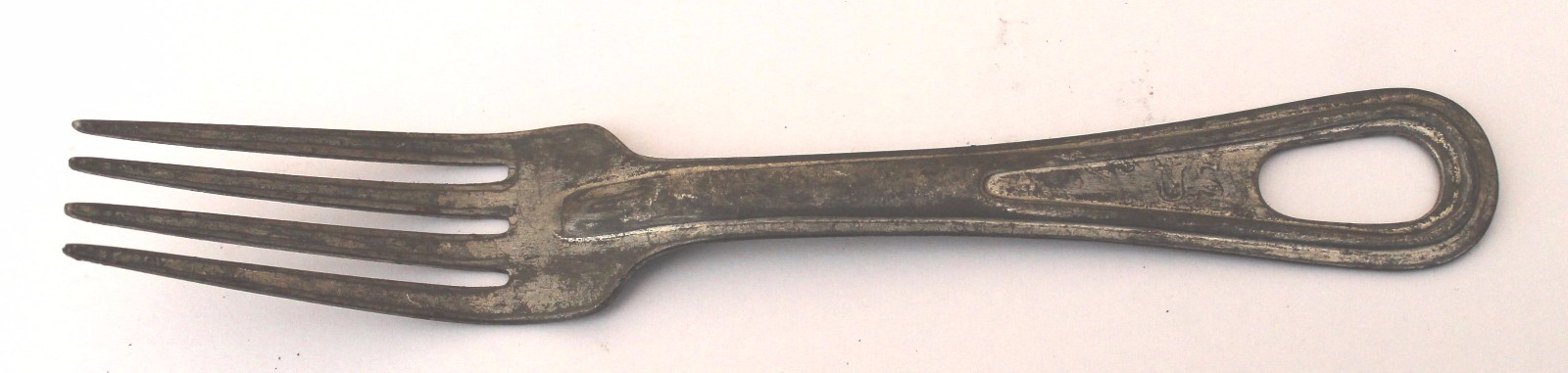 WWII US Tinned Steel Fork stamped U.S. w cut out hole unpolished each E025