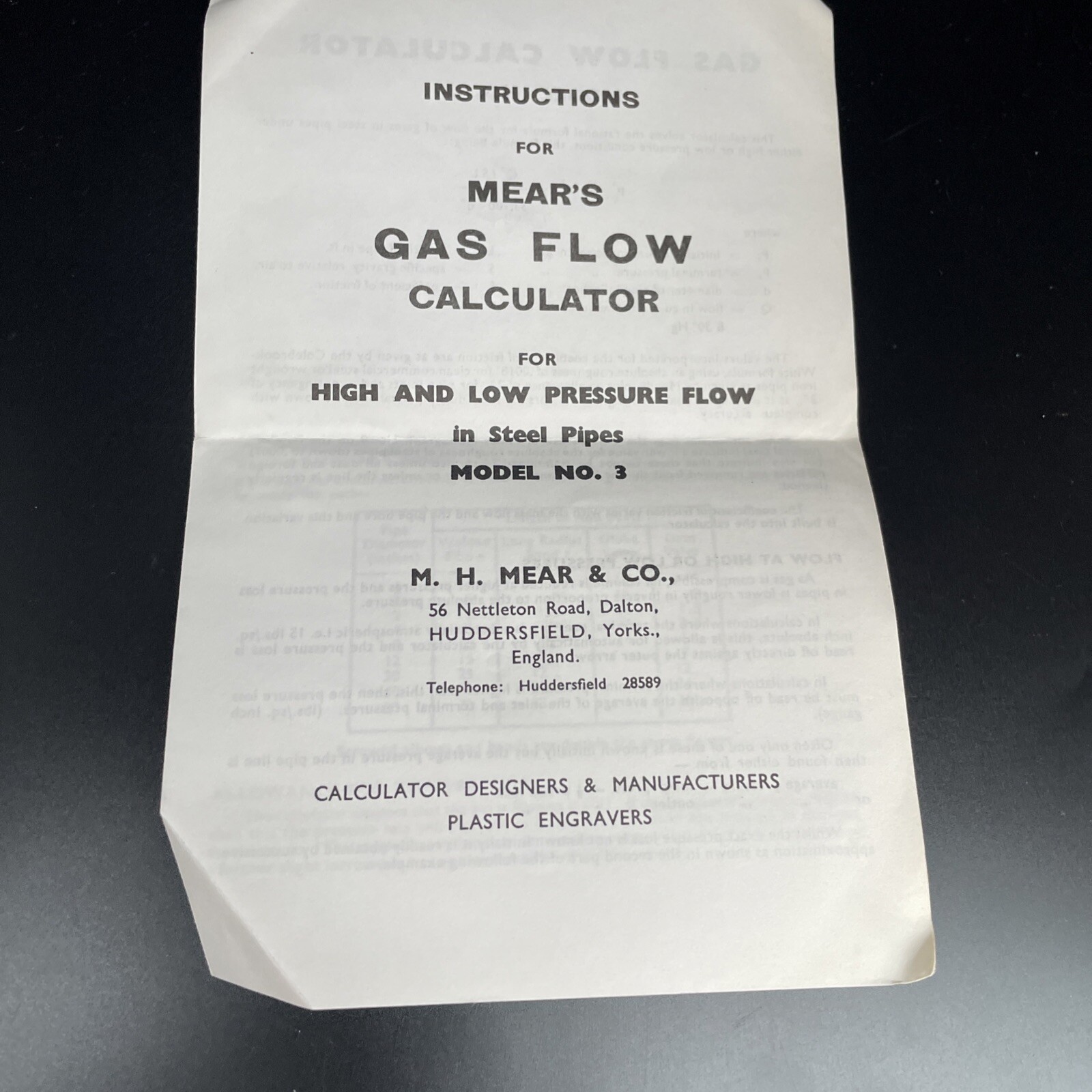 Vintage M.H.Mear & Co Gas Flow Calculator Instructions Only