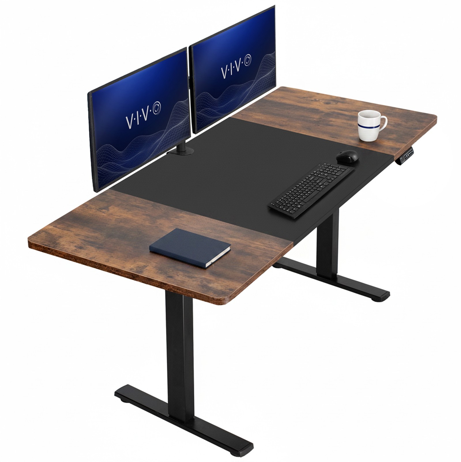 VIVO Electric 71” x 30” Desk, Black/Rustic Vintage Brown Table Top, Black Frame