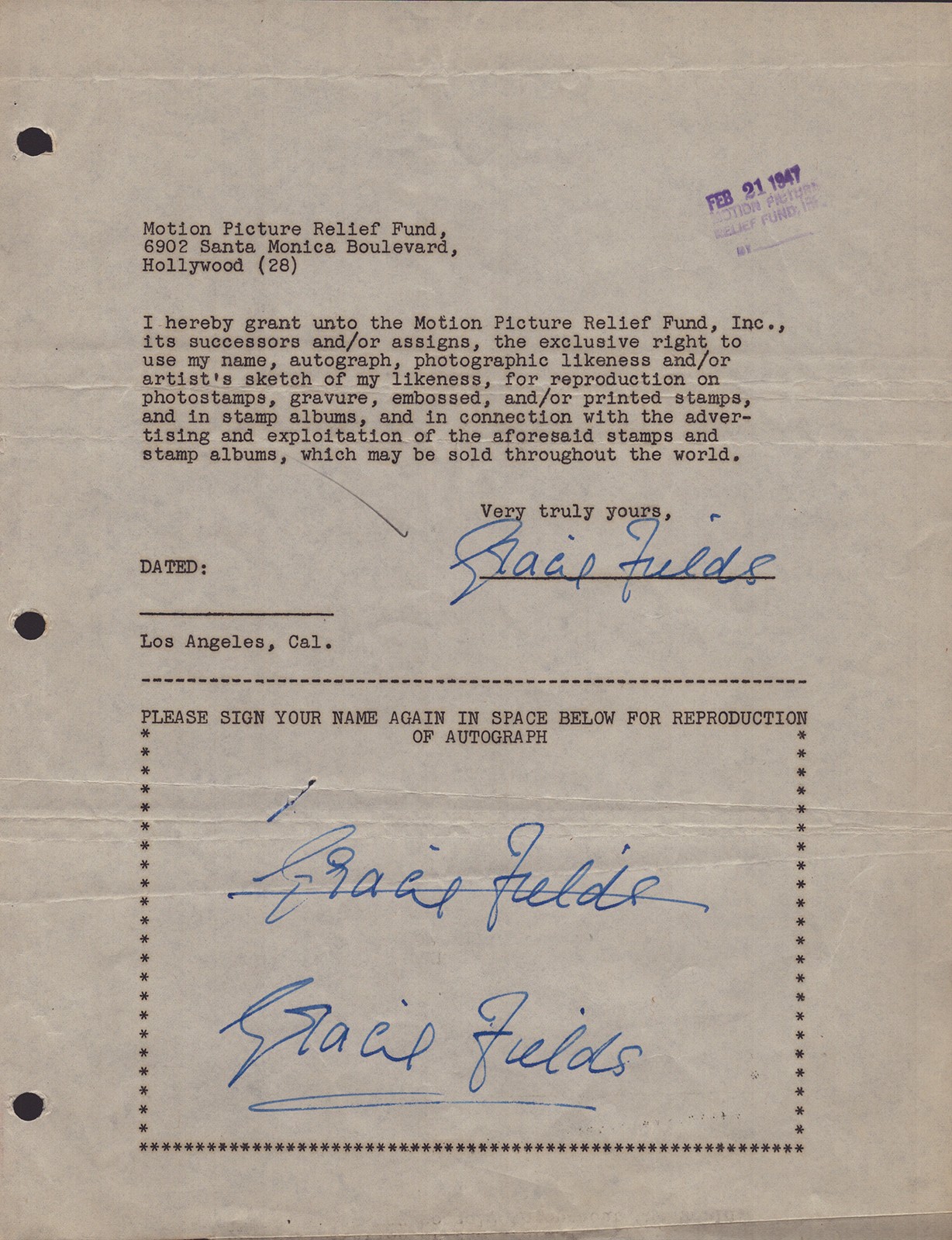 GRACIE FIELDS - DOCUMENT MULTI-SIGNED 02/21/1947