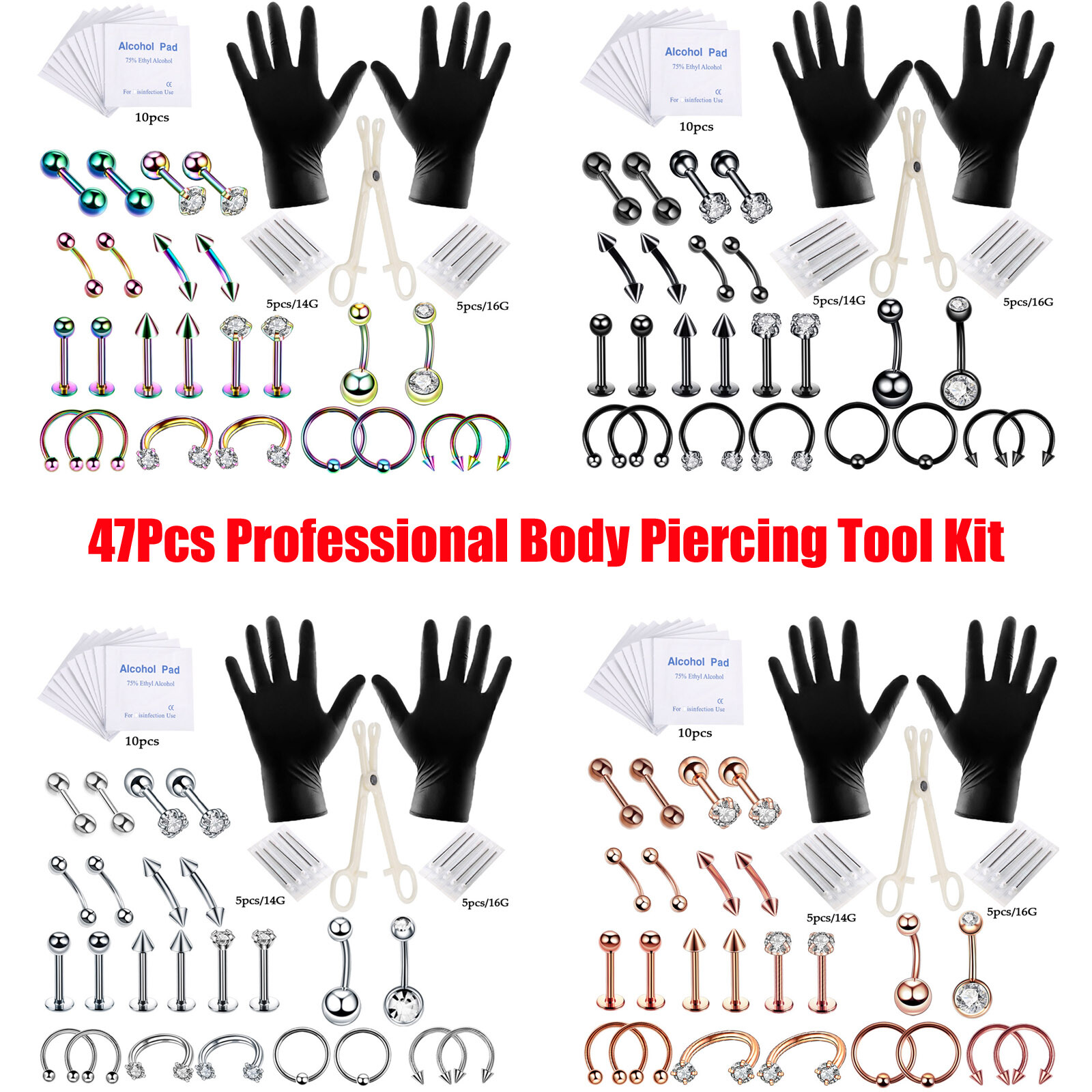 47Pcs Body Nose Belly Tongue Lip Ring Clamp Gloves Needles Ear Piercing Kit Tool