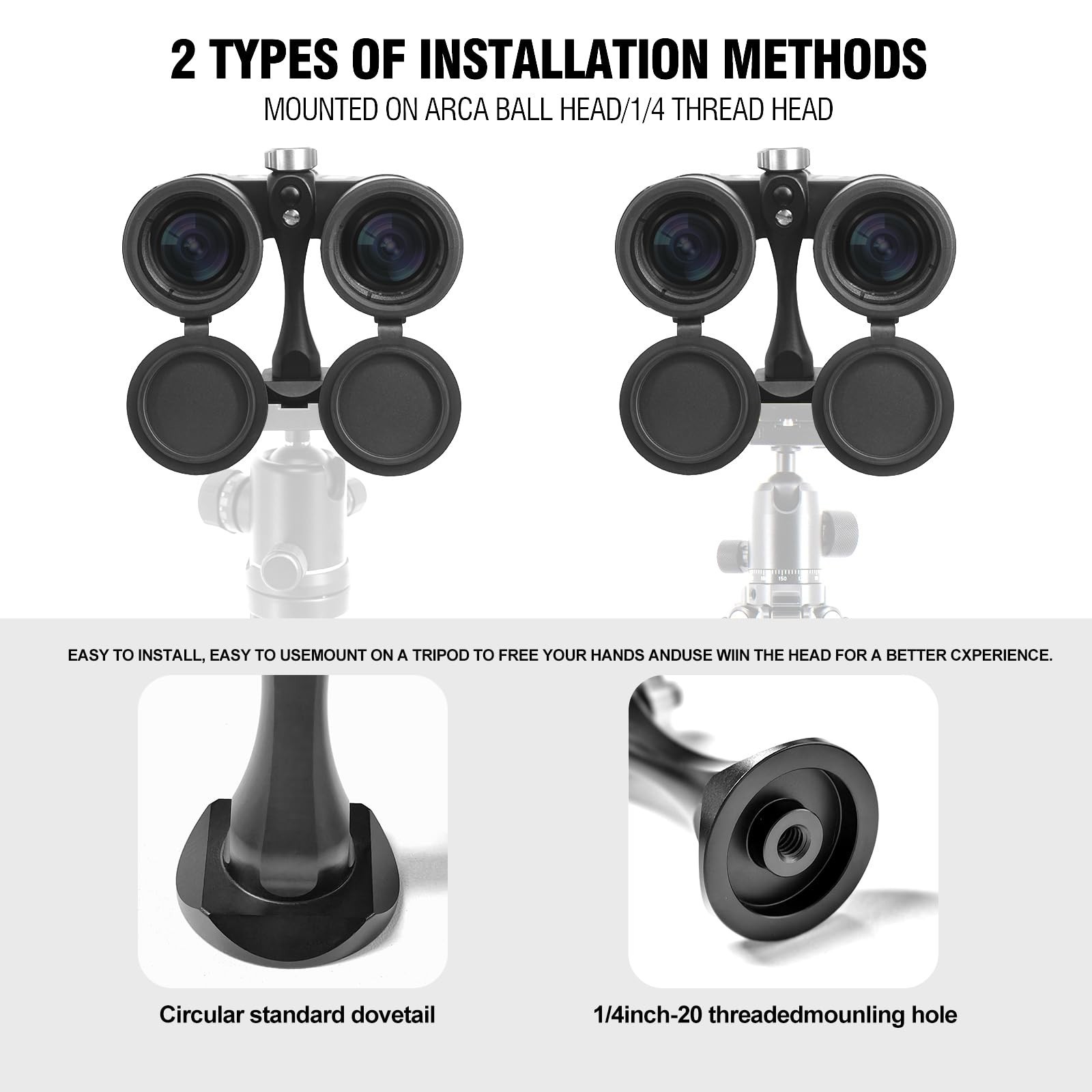 Quick Release Binocular Tripod Adapter, 1/4-20 Thread, T6061 Aluminum, Arca Comp