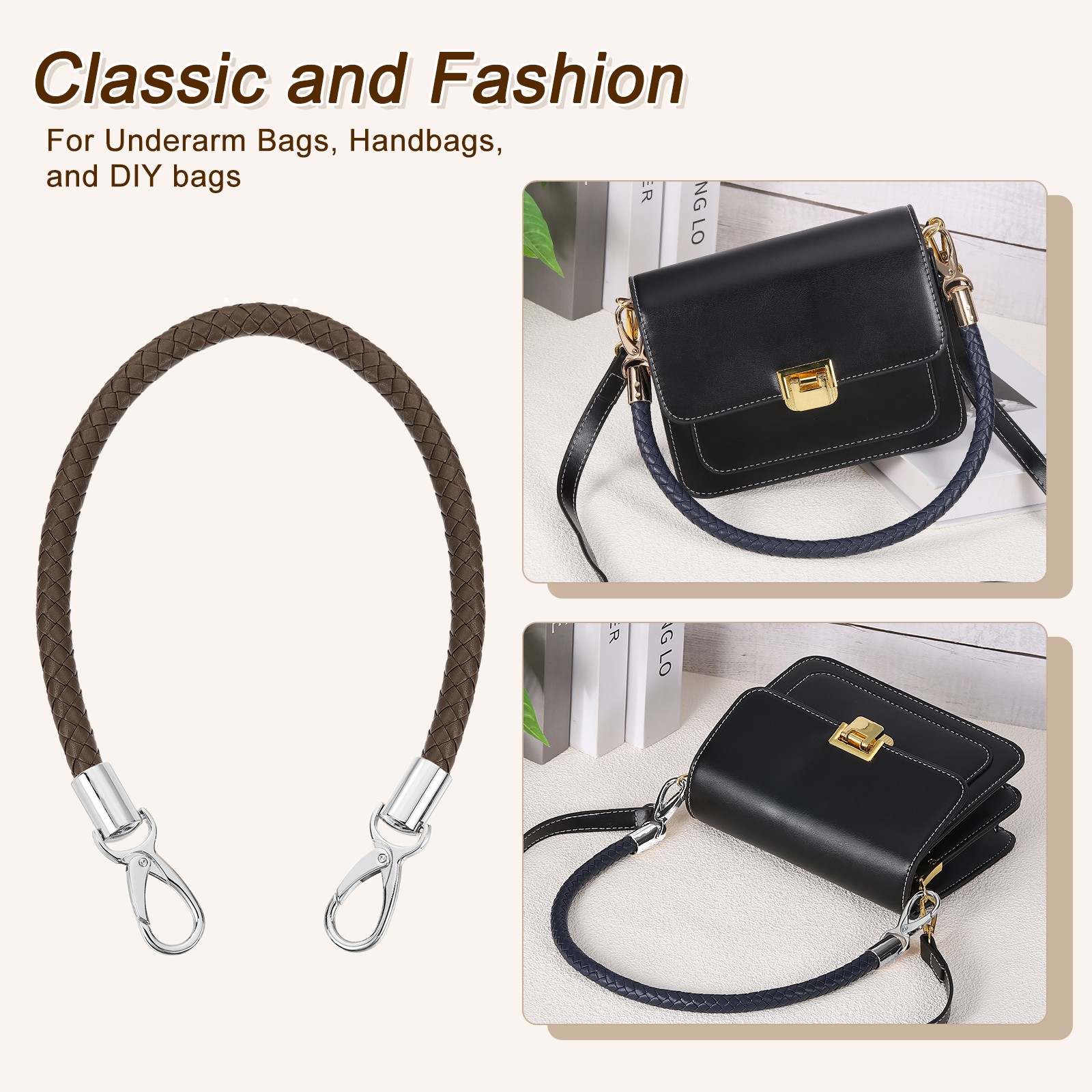 2Pcs 50cm Short Leather PU Braided Purse Replacement (Dark Coffee, Silver)